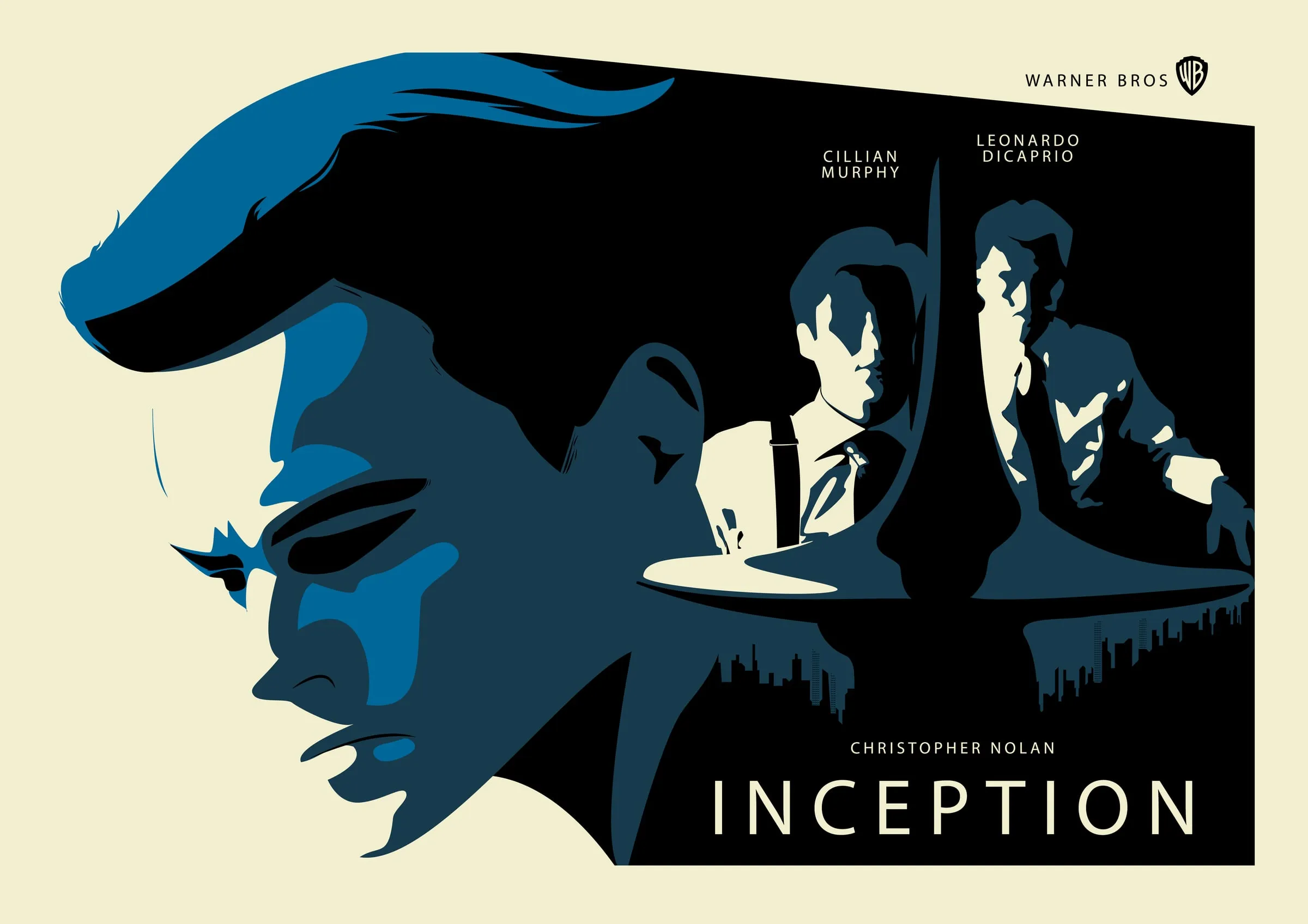 Affiche d'Inception en aplats bleu nuit sur fond crème, le profil de Cobb se fond dans une ville qui se replie