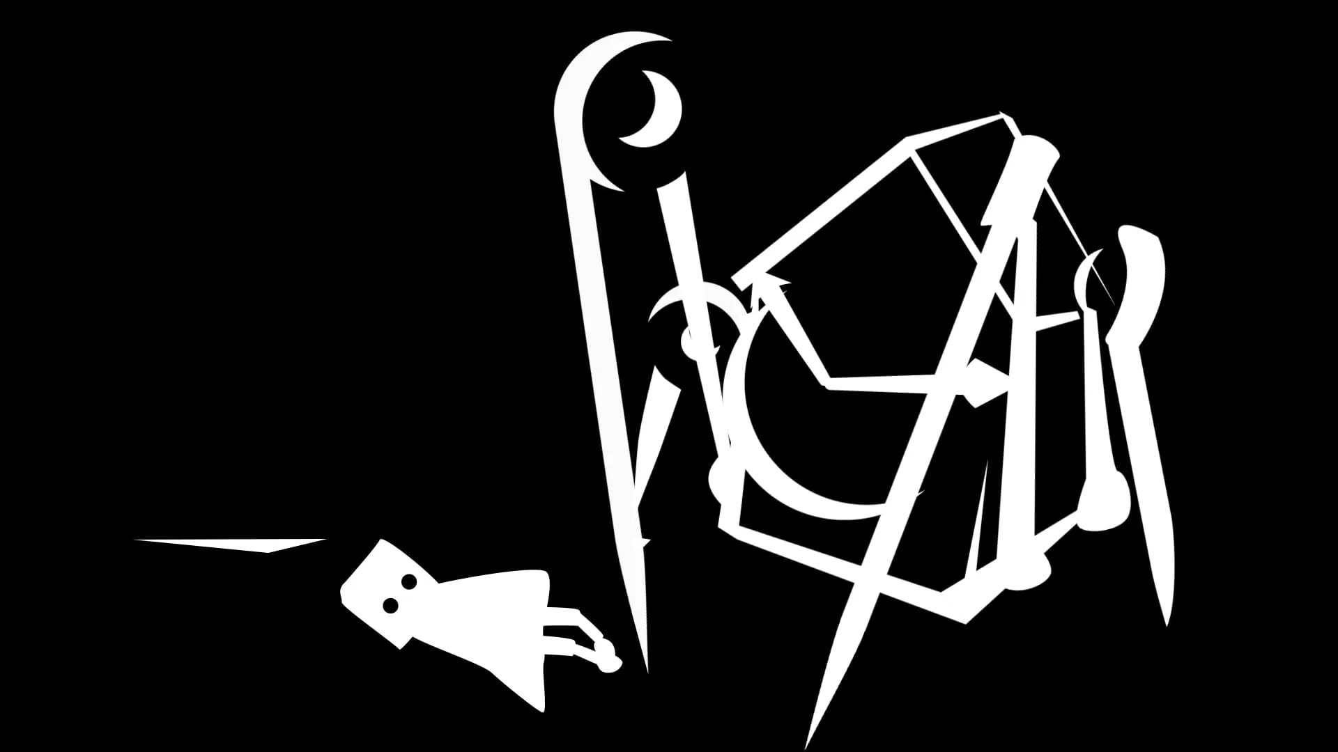 Silhouettes blanches anguleuses sur fond noir, un personnage tombe vers la gauche