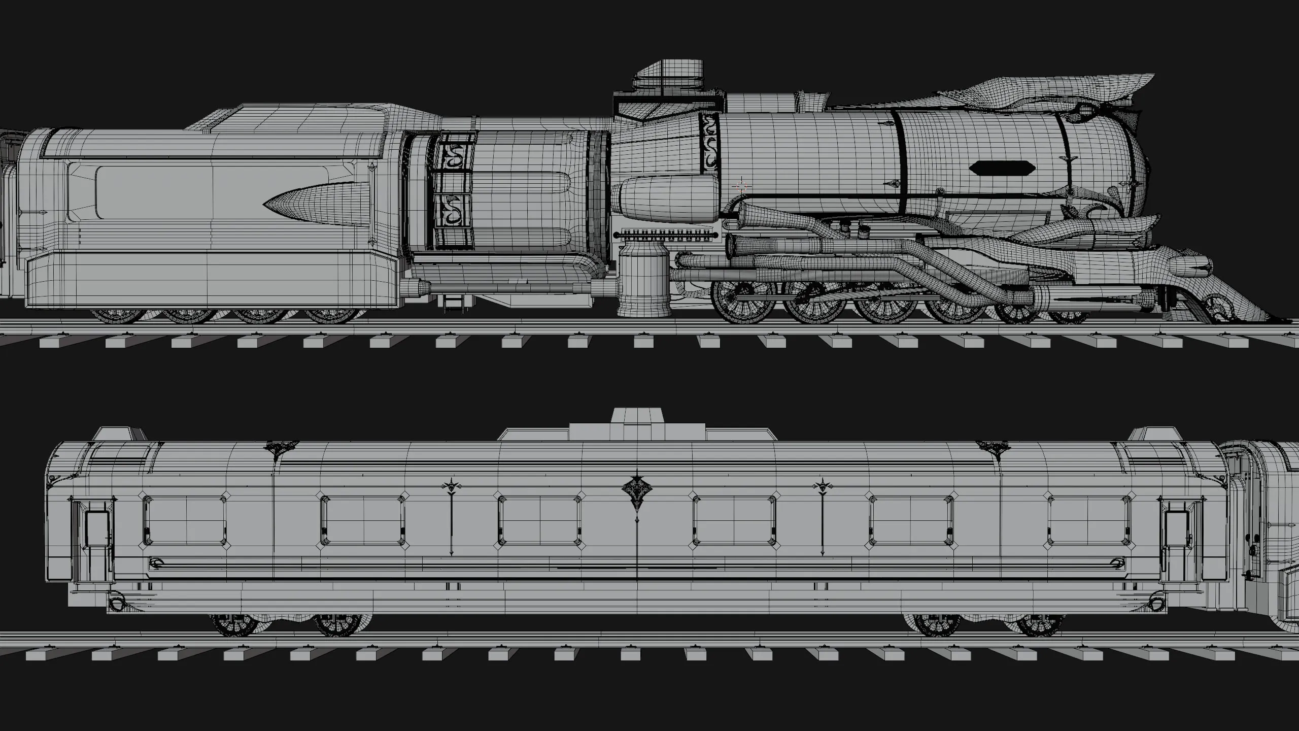 Locomotive et wagon de profil en wireframe, maillage en quads