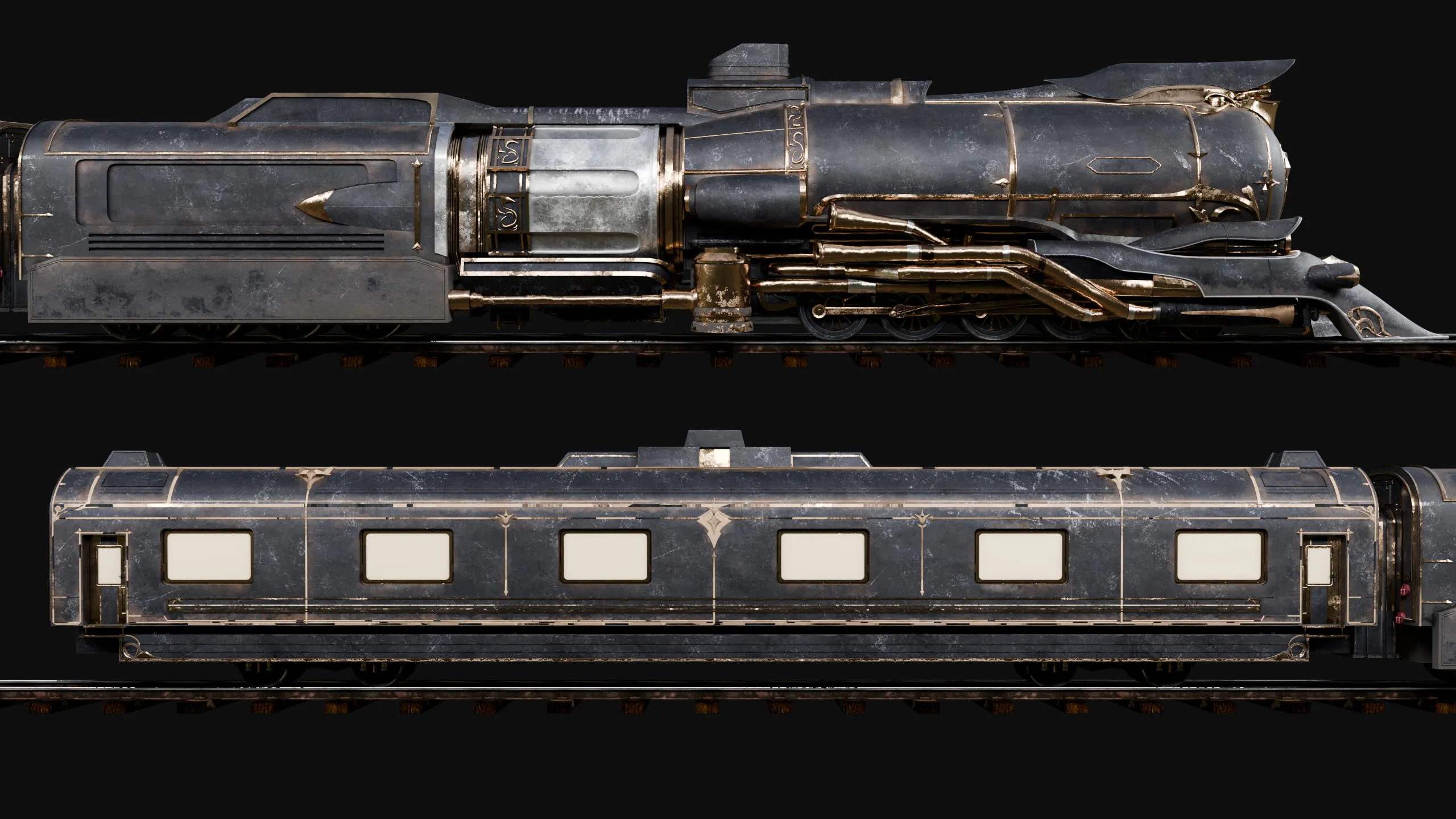Locomotive et wagon de profil, texturés en métal sombre patiné et filets dorés