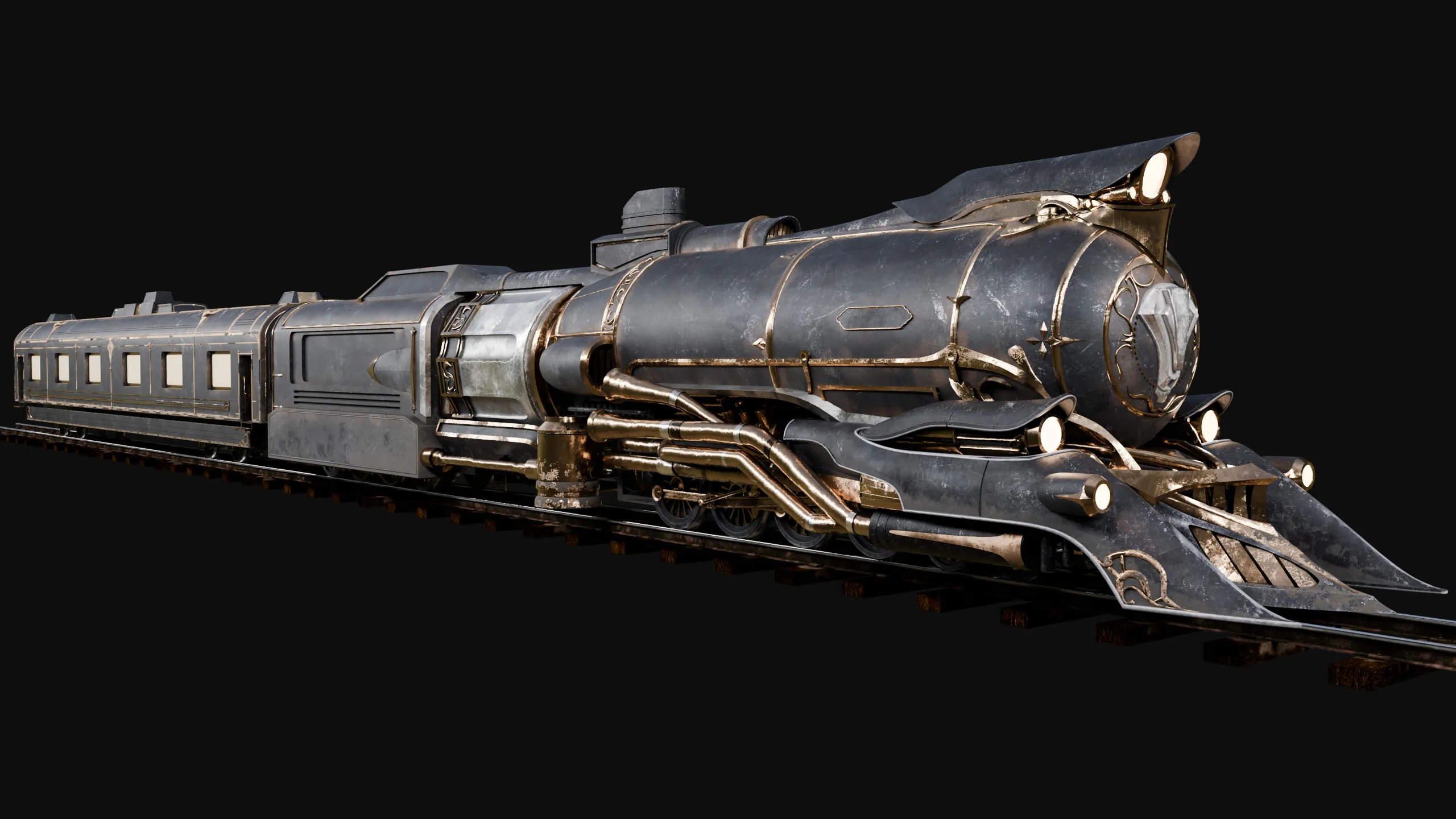 L'Astral Express vu de trois quarts avant, en wireframe puis en rendu final — Rendu