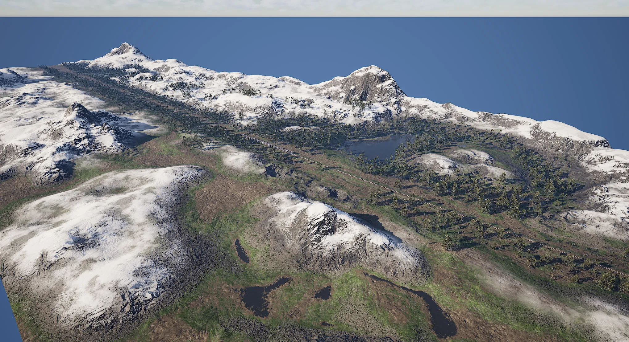 Vue aérienne du terrain de montagne enneigé créé sous Unreal Engine