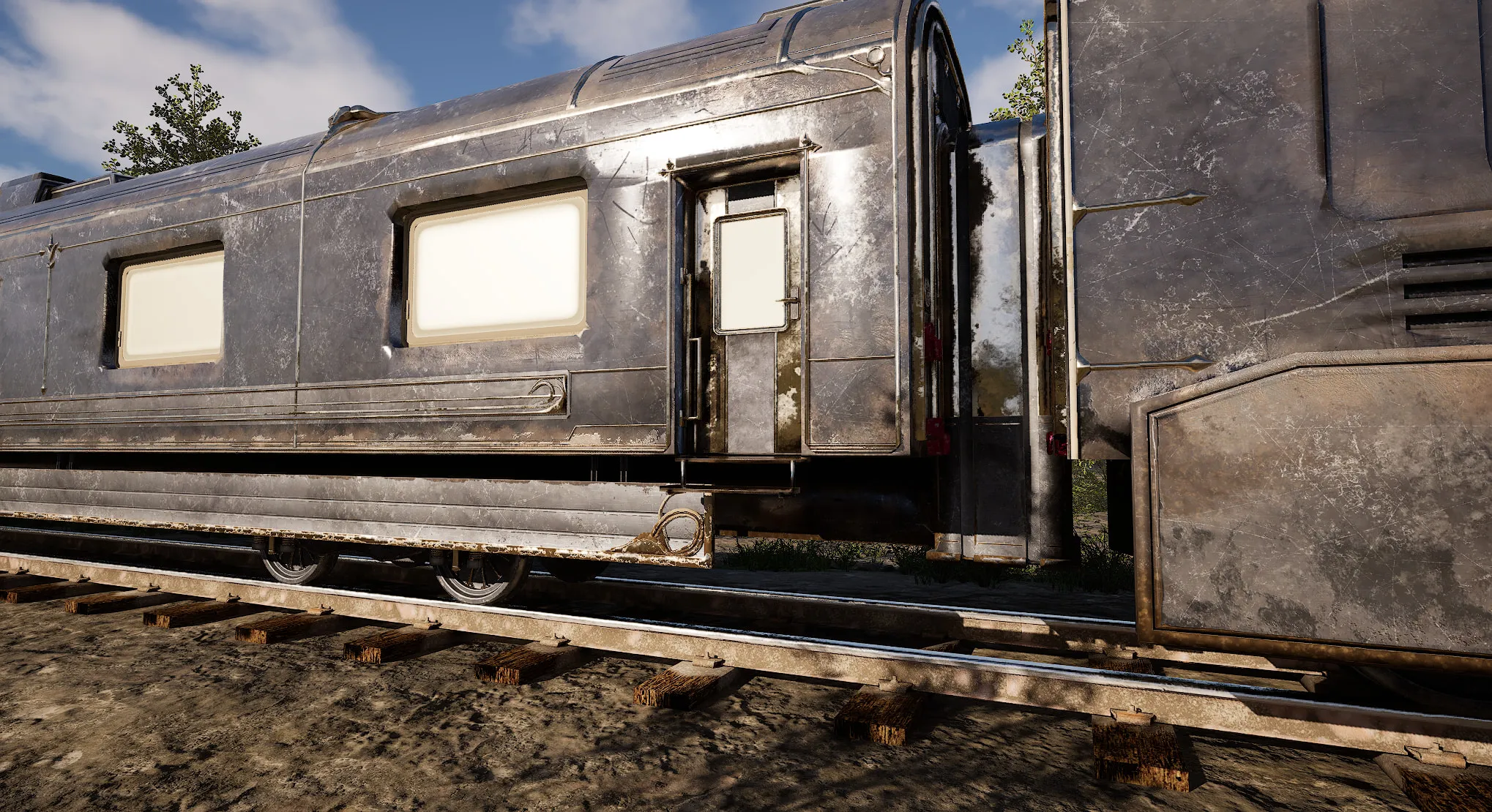 Le wagon de voyageurs et sa porte d'accès, vus depuis la voie