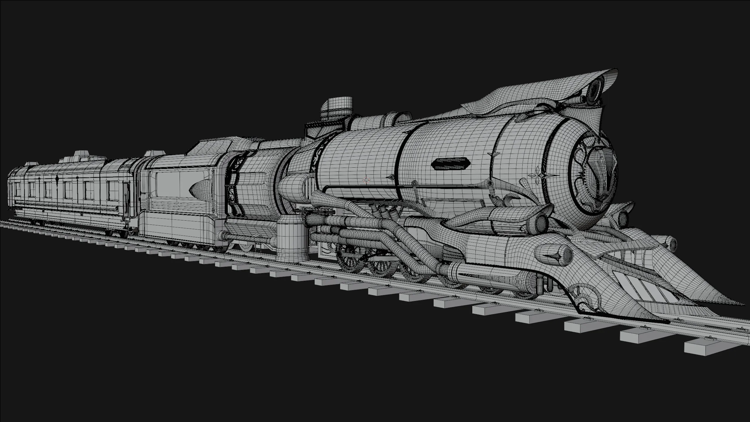 L'Astral Express vu de trois quarts avant, en wireframe puis en rendu final — Wireframe