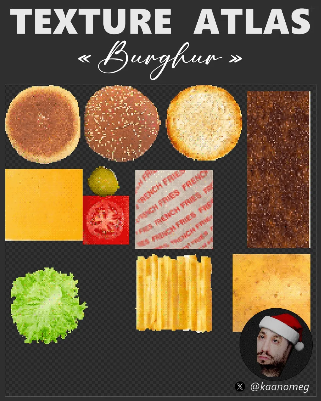 L'atlas de textures du défi, pain, fromage, salade, tomate, cornichon, frites et papier