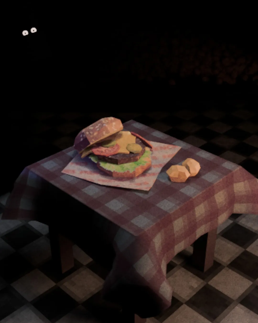 Rendu vertical de la table au burger, deux yeux brillants dans l'obscurité