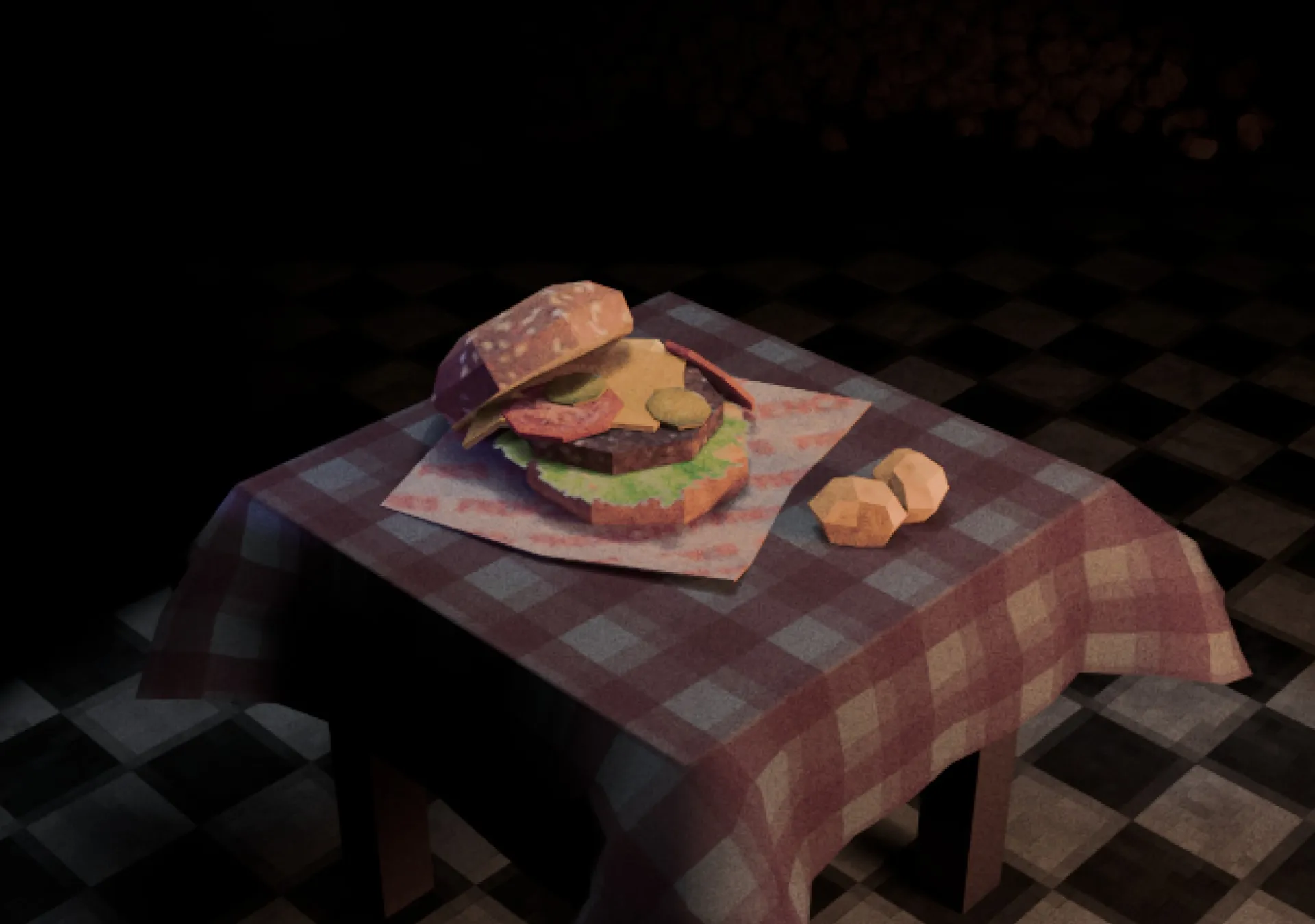 Le burger low poly posé sur une petite table à nappe à carreaux, dans une pièce sombre au carrelage en damier