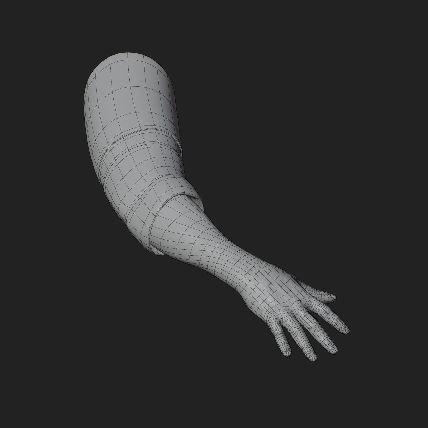 Le bras de profil, en wireframe puis avec le damier de texel density — Wireframe