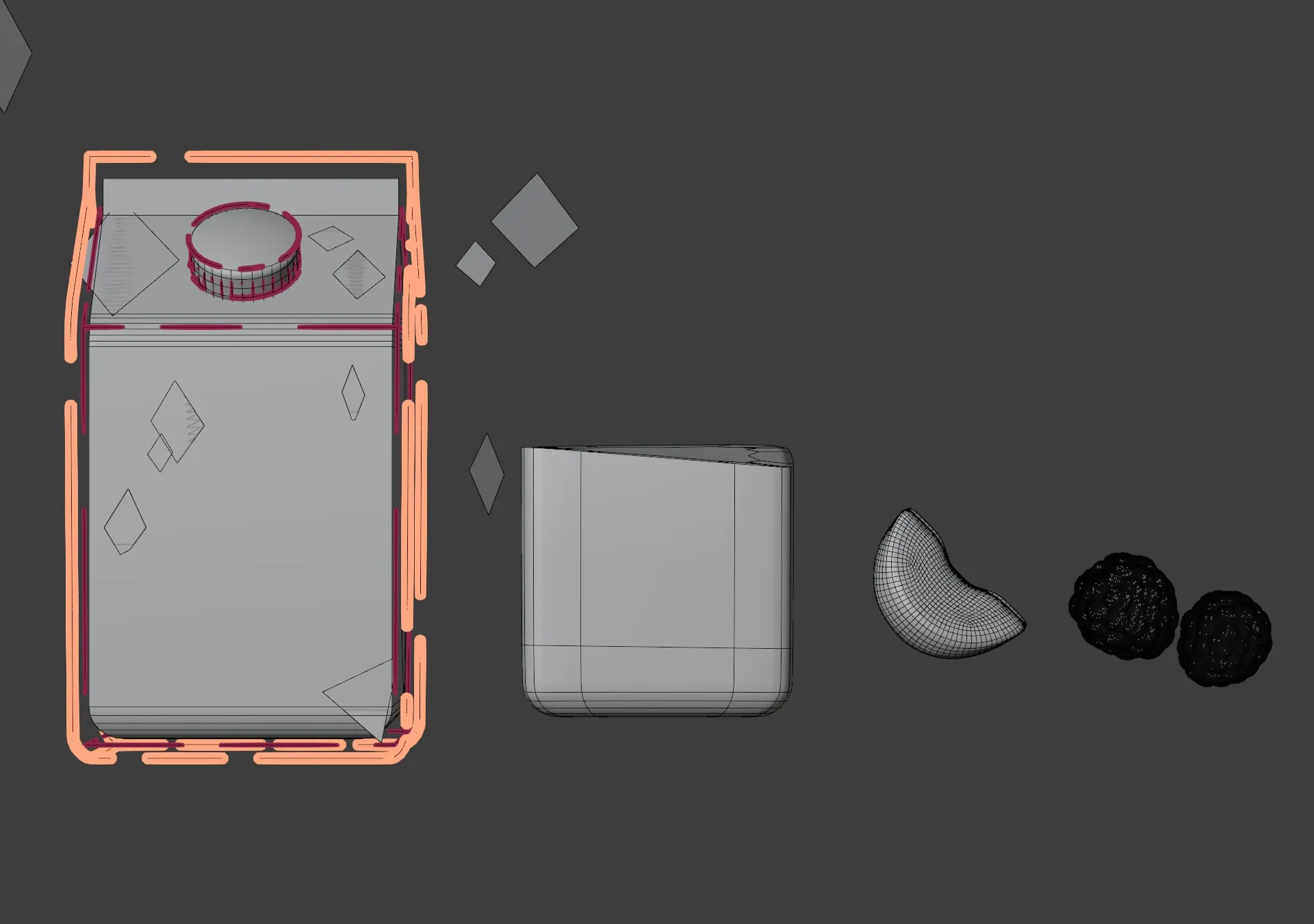 La brique, le liquide, la tranche de pêche, la framboise et la mûre, alignés en wireframe puis en rendu final — Wireframe