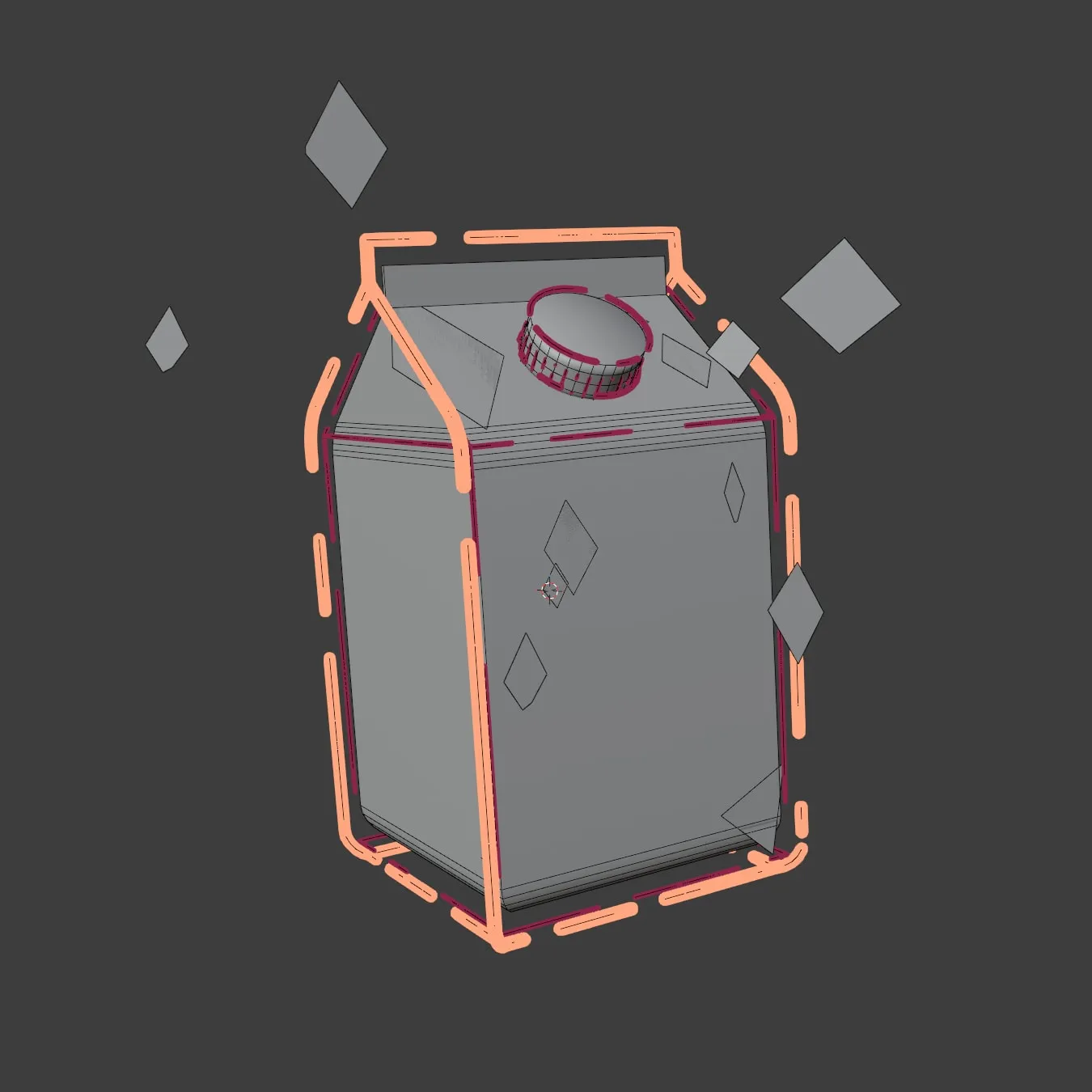 La brique en wireframe, contours Grease Pencil orange et bordeaux, losanges flottant autour