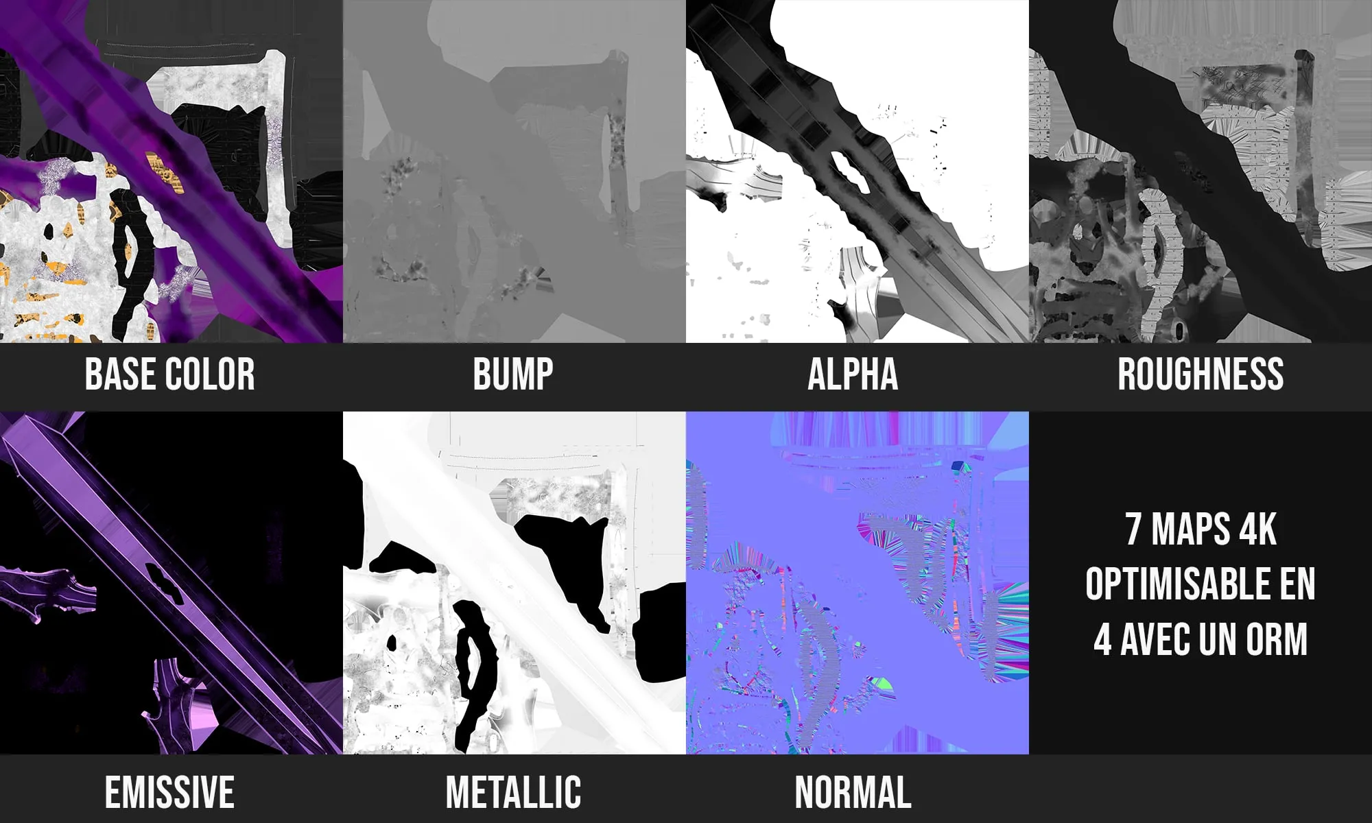 Les sept textures de l'épée, Base Color, Bump, Alpha, Roughness, Emissive, Metallic et Normal