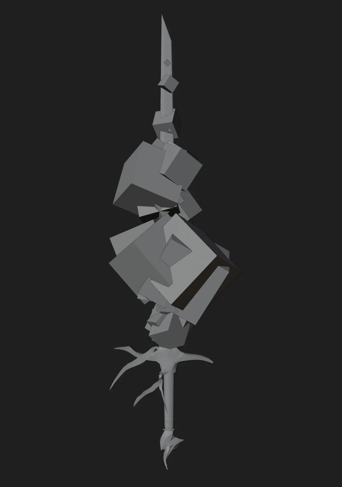 L'épée en gris entourée des volumes de fumée, de simples cubes avant le rendu