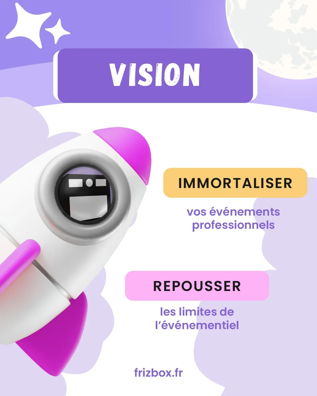 Plaquette « Vision », une fusée-mascotte qui décolle, « Immortaliser vos événements, repousser les limites »