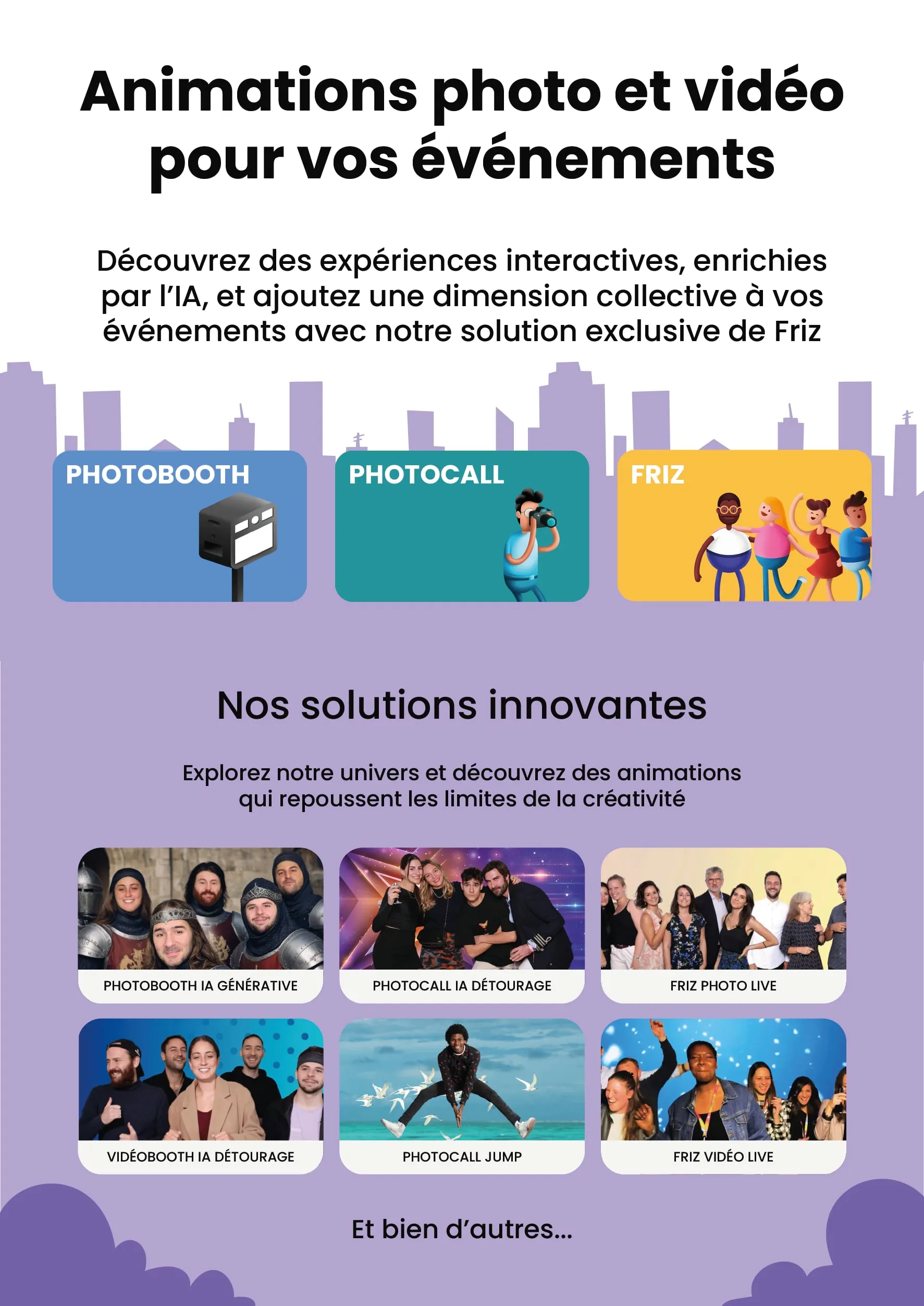 Plaquette des solutions photo et vidéo, avec les vignettes de chaque animation