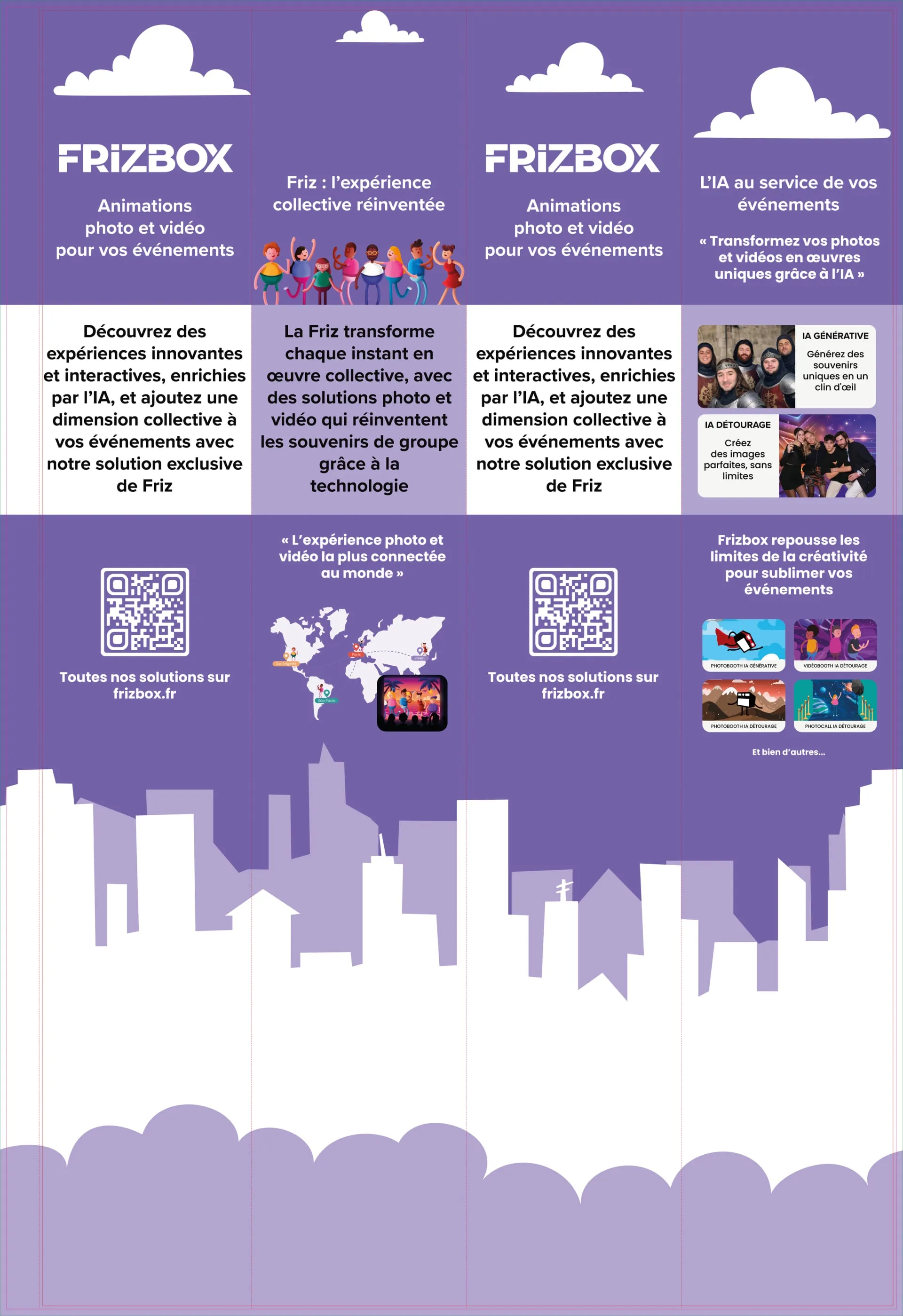 Dépliant trois volets sur fond violet et silhouette de ville