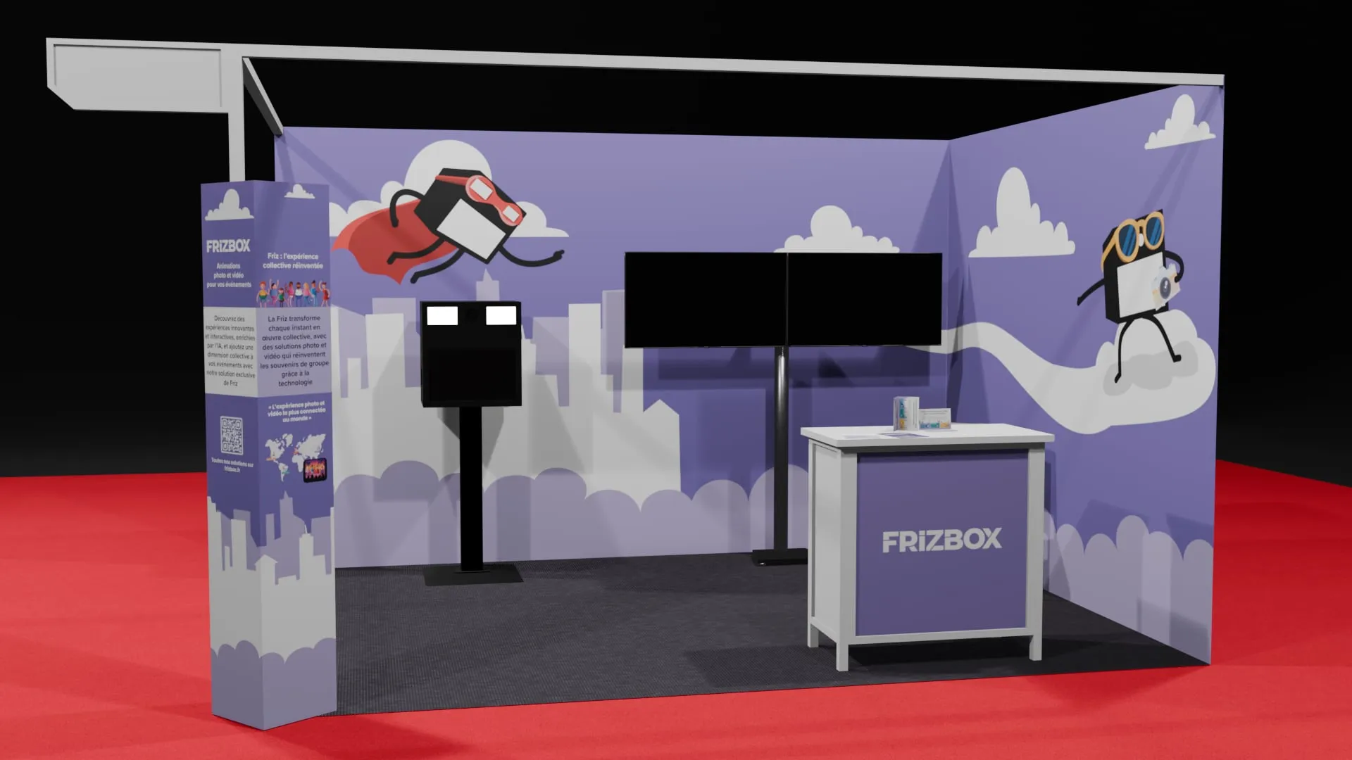 Le stand Frizbox modélisé en 3D, murs violets à nuages et borne photo