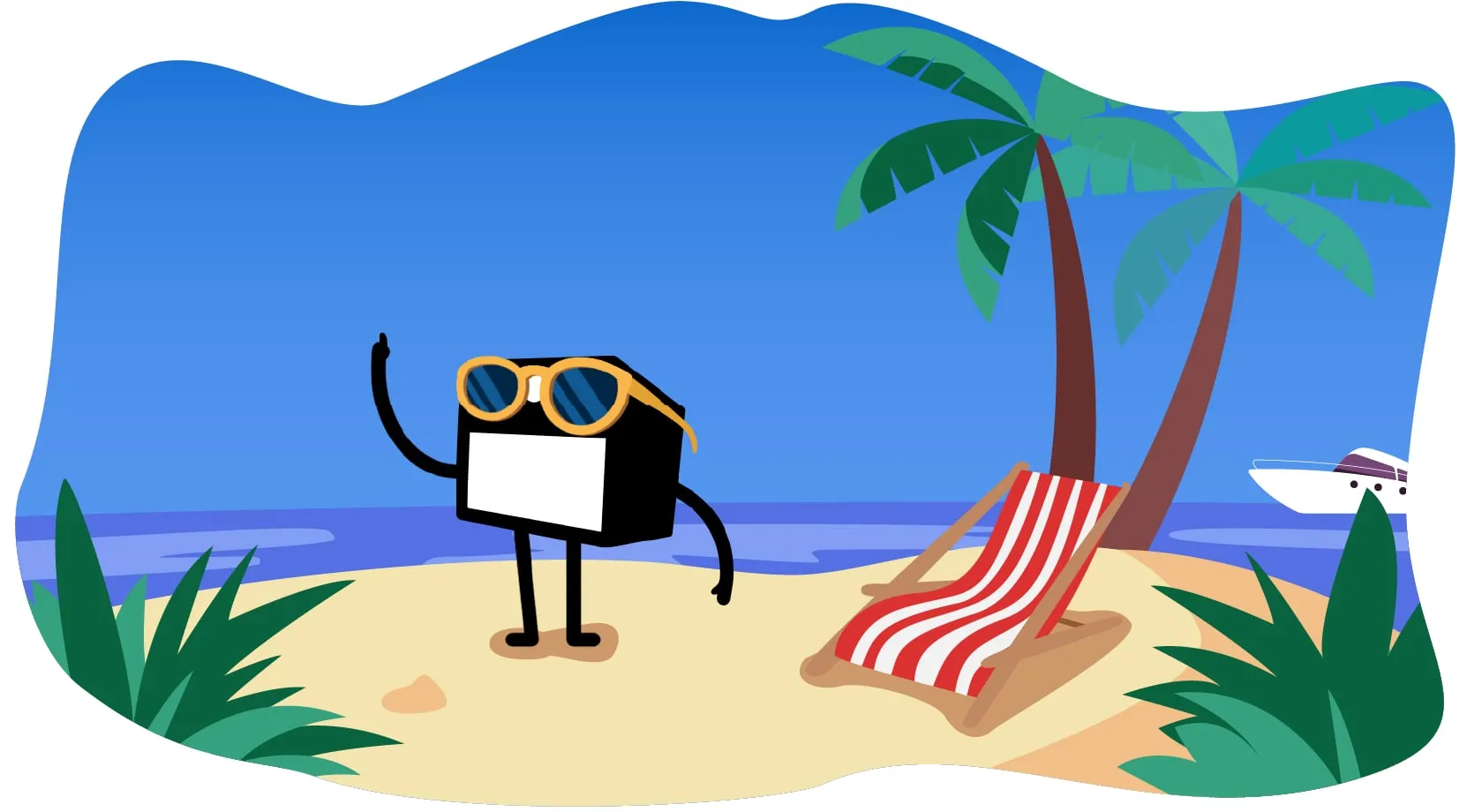 La mascotte en vacances sur une plage, lunettes de soleil et transat