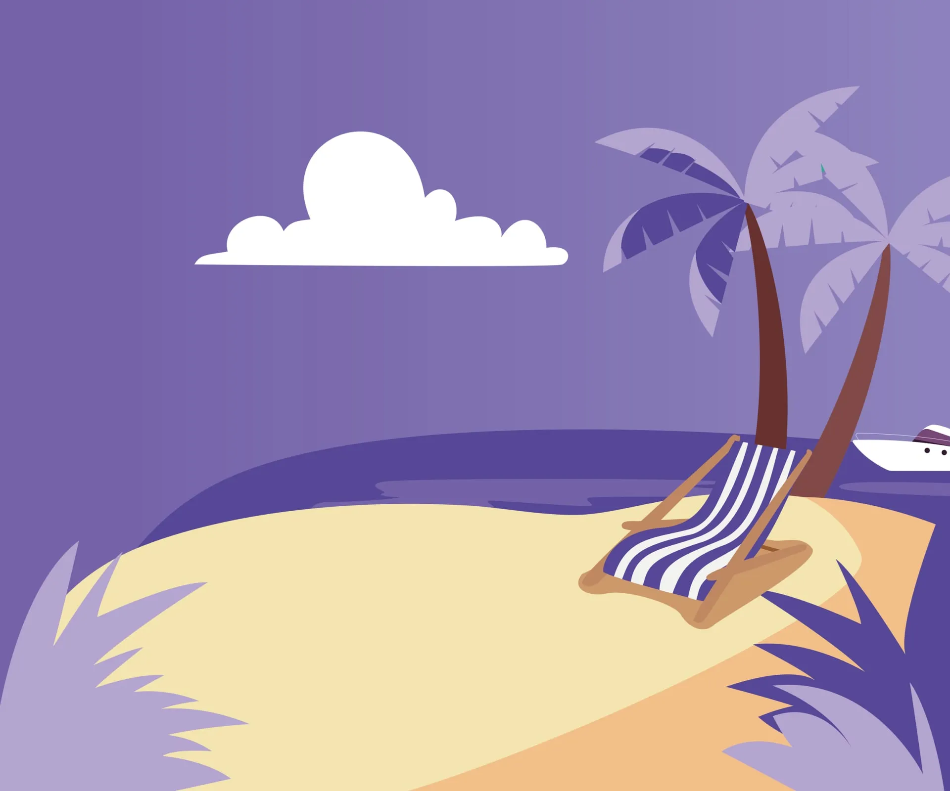 Fond de plage violet, palmier et transat, sans la mascotte
