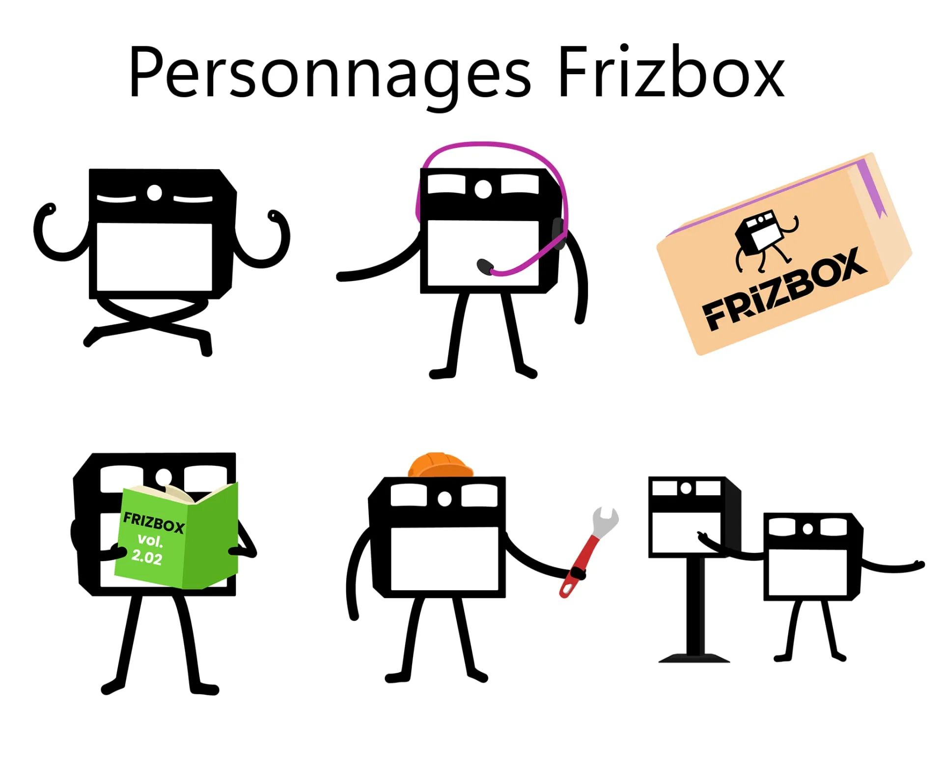 Planche des personnages Frizbox, la mascotte qui médite, lit, bricole…