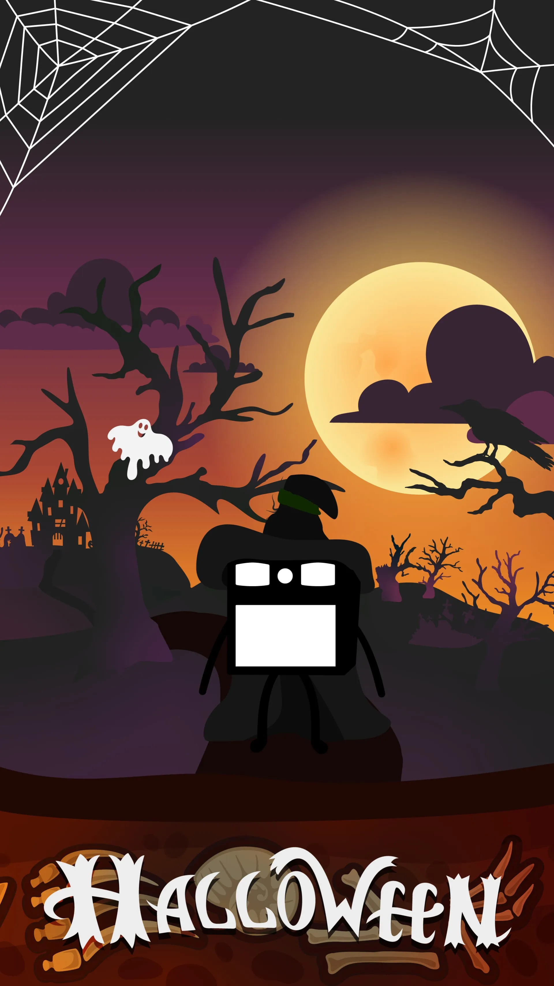 Affiche Halloween, la mascotte devant une pleine lune orange et des arbres morts