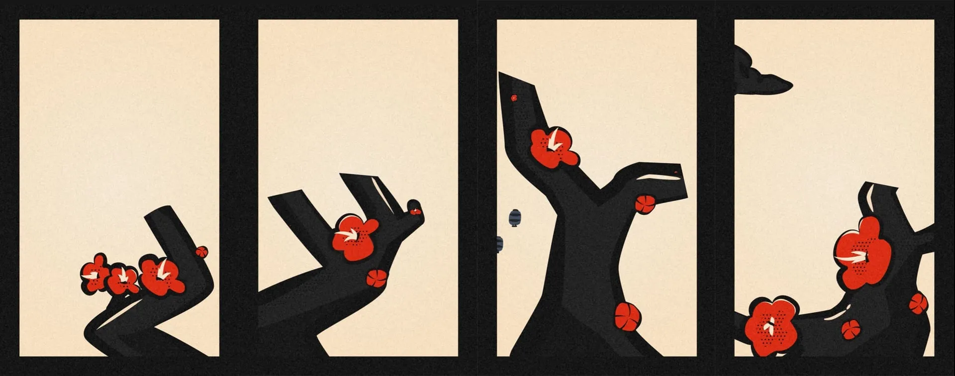 Les quatre cartes côte à côte, branches noires d'abricotier et fleurs rouges sur fond crème