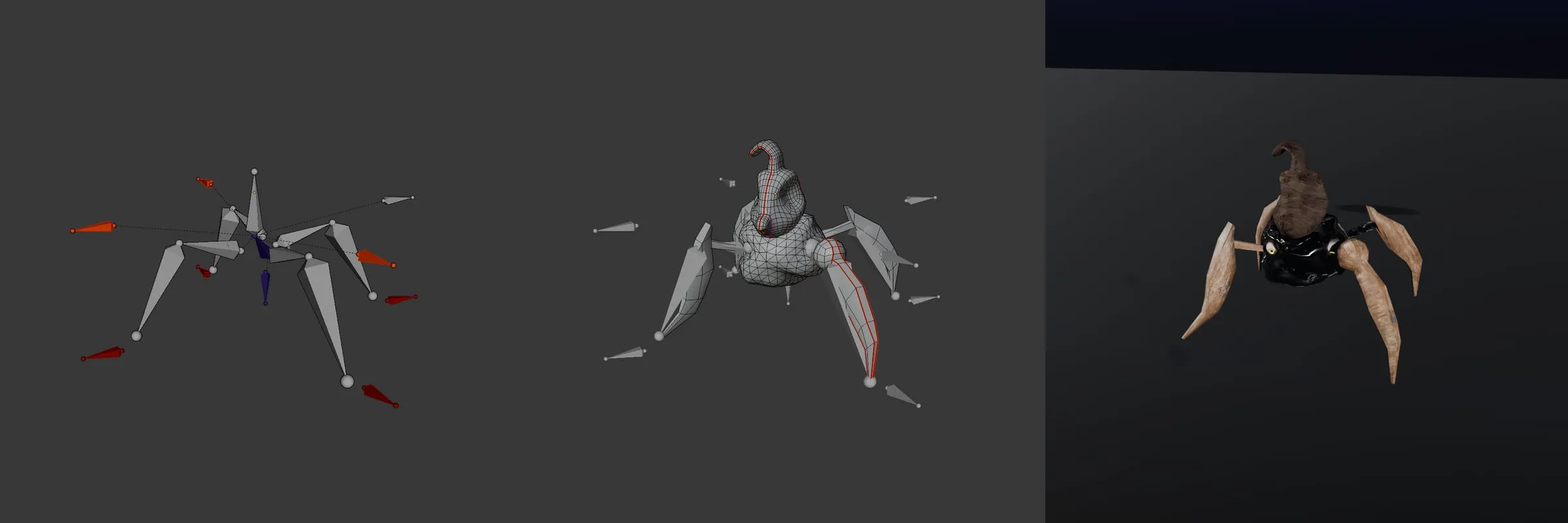 L'araignée en trois étapes, armature, maillage puis rendu