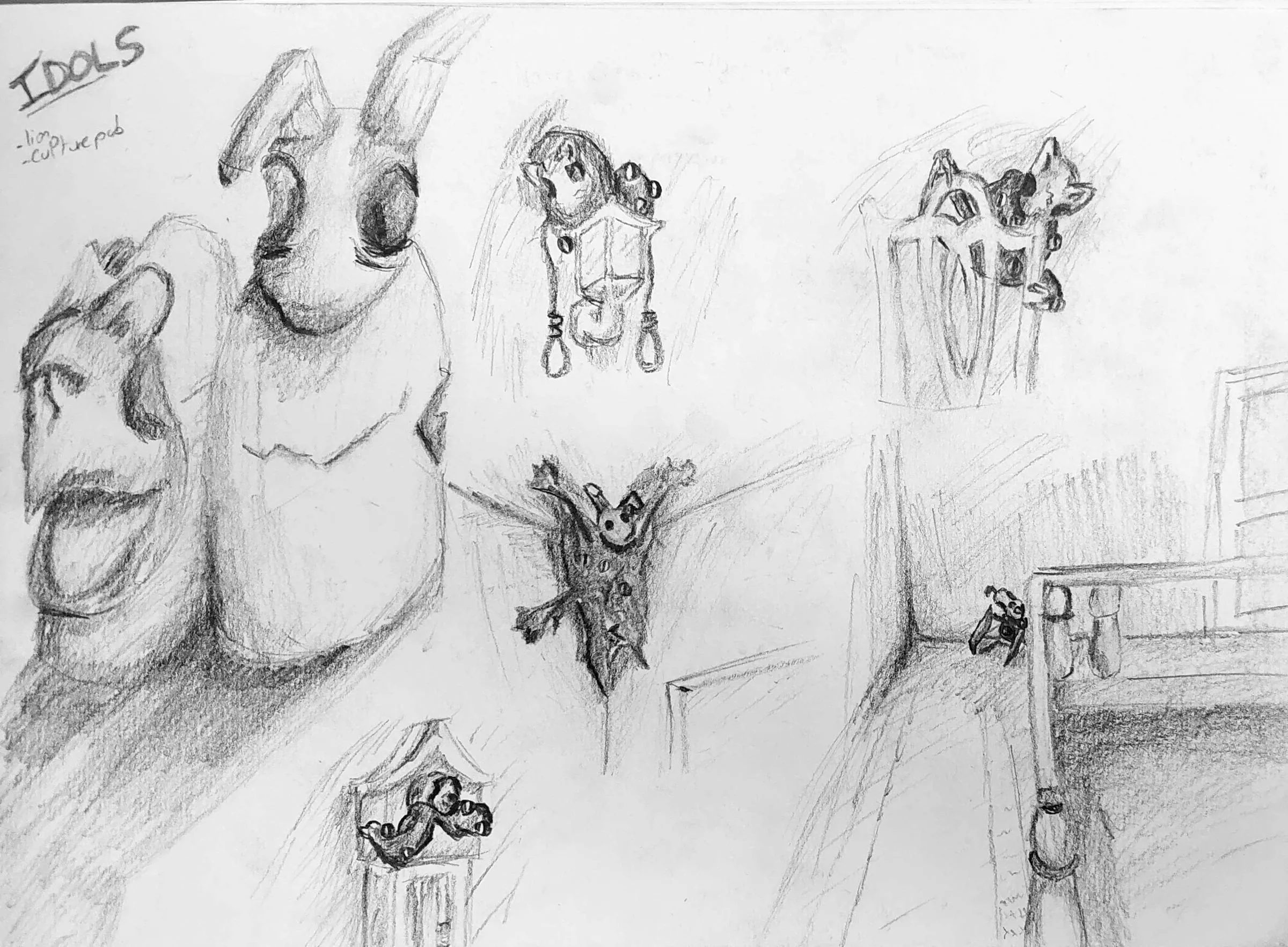 Planche de croquis au crayon, des idoles et des créatures dans les coins du manoir