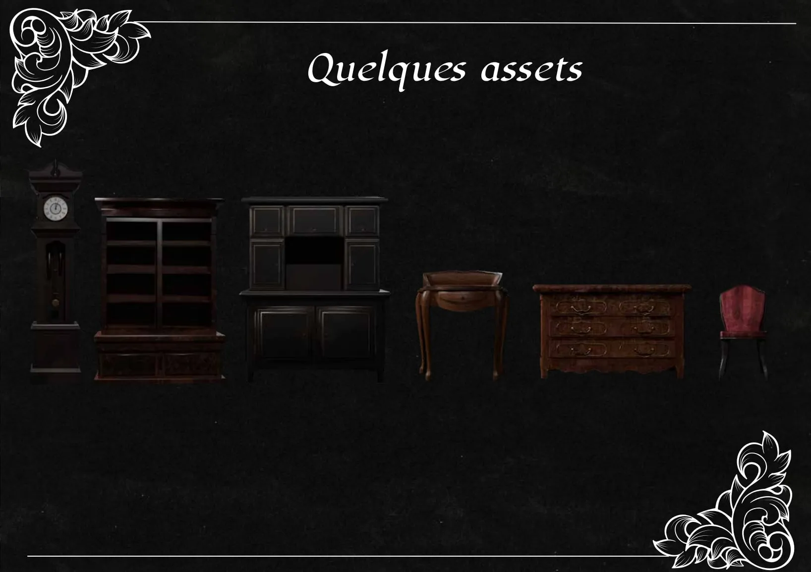 Une rangée de meubles anciens modélisés et texturés, horloge, bibliothèques, guéridon, commode, chaise