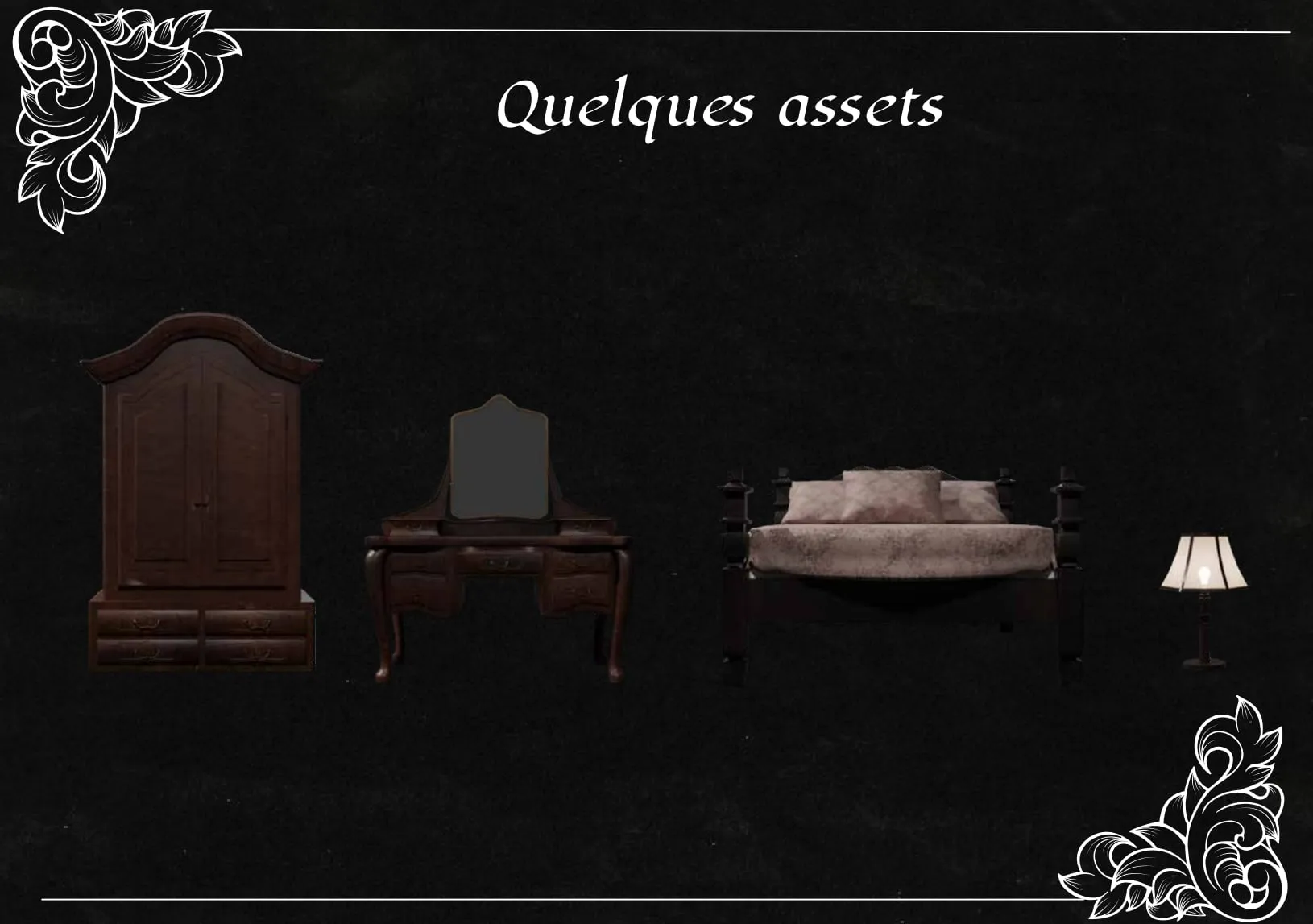 Armoire, coiffeuse, banquette et lampe, modélisées et texturées