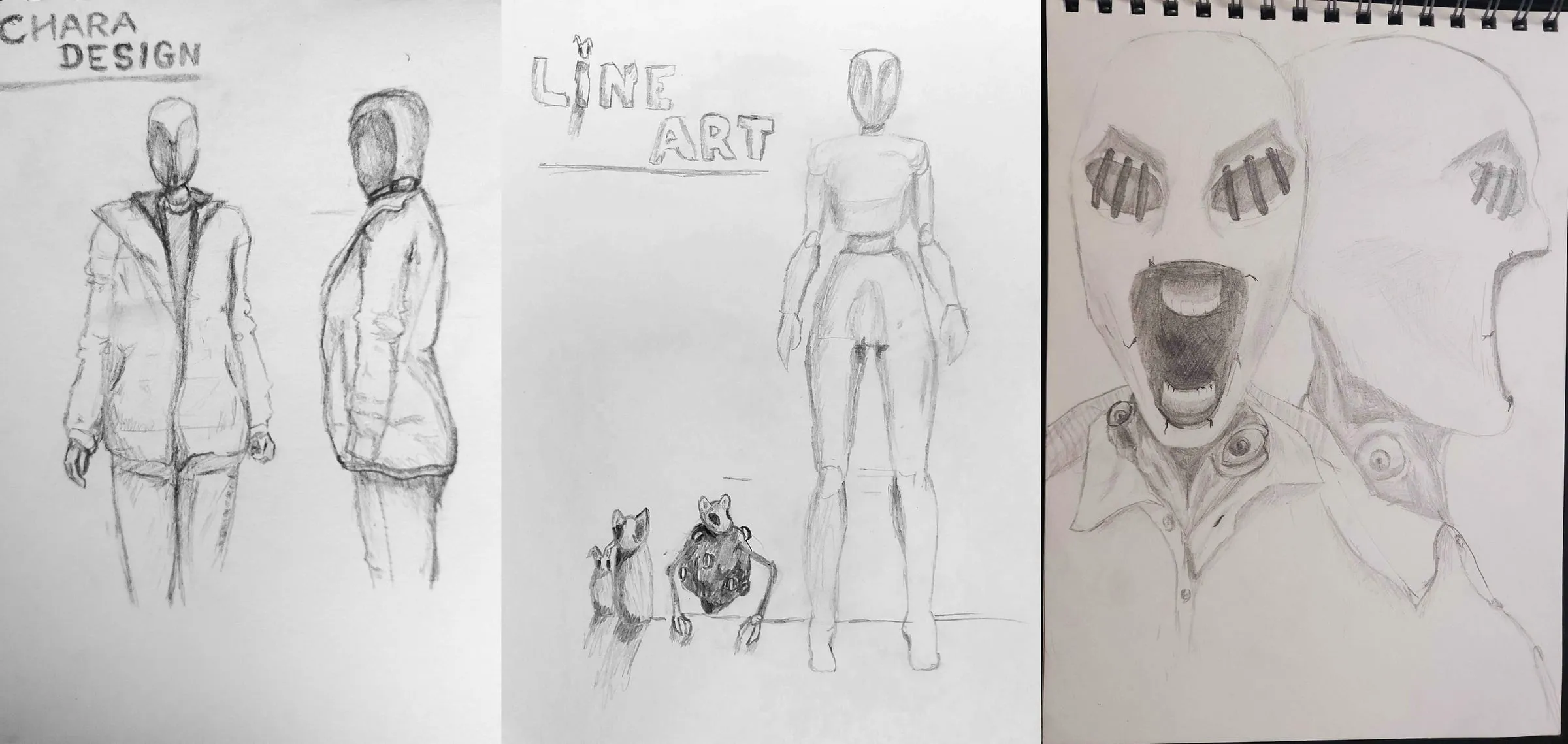 Trois croquis de l'héroïne, chara design en veste à capuche, line art de face et visage au masque qui hurle