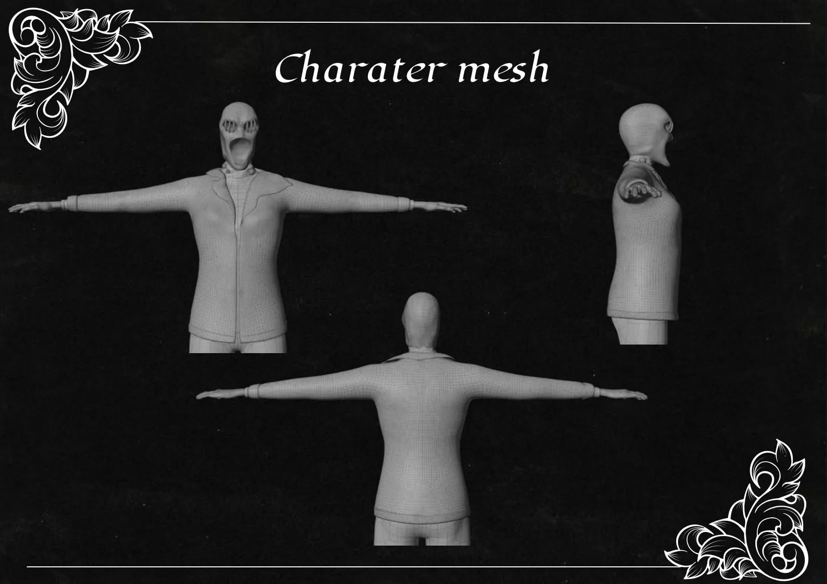 Le personnage modélisé en gris, de face, de profil et de dos, bras en T
