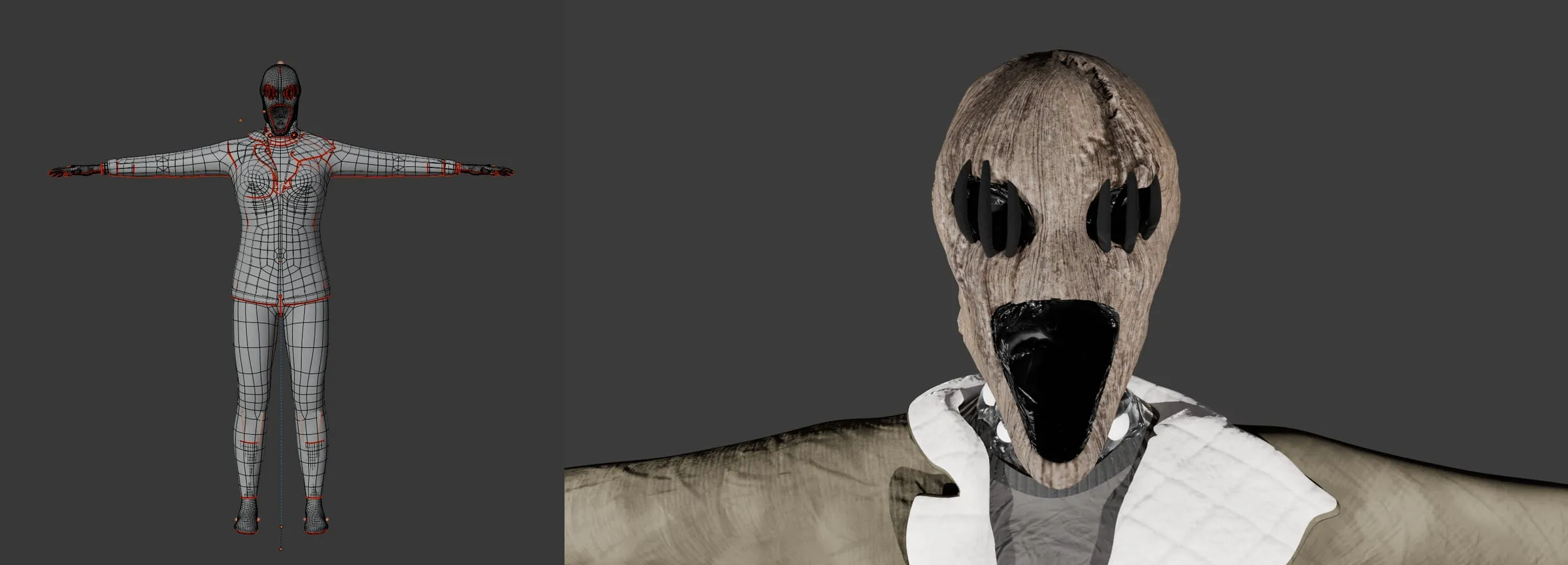 Le personnage en wireframe, puis son visage texturé, masque en toile cousue et bouche noire