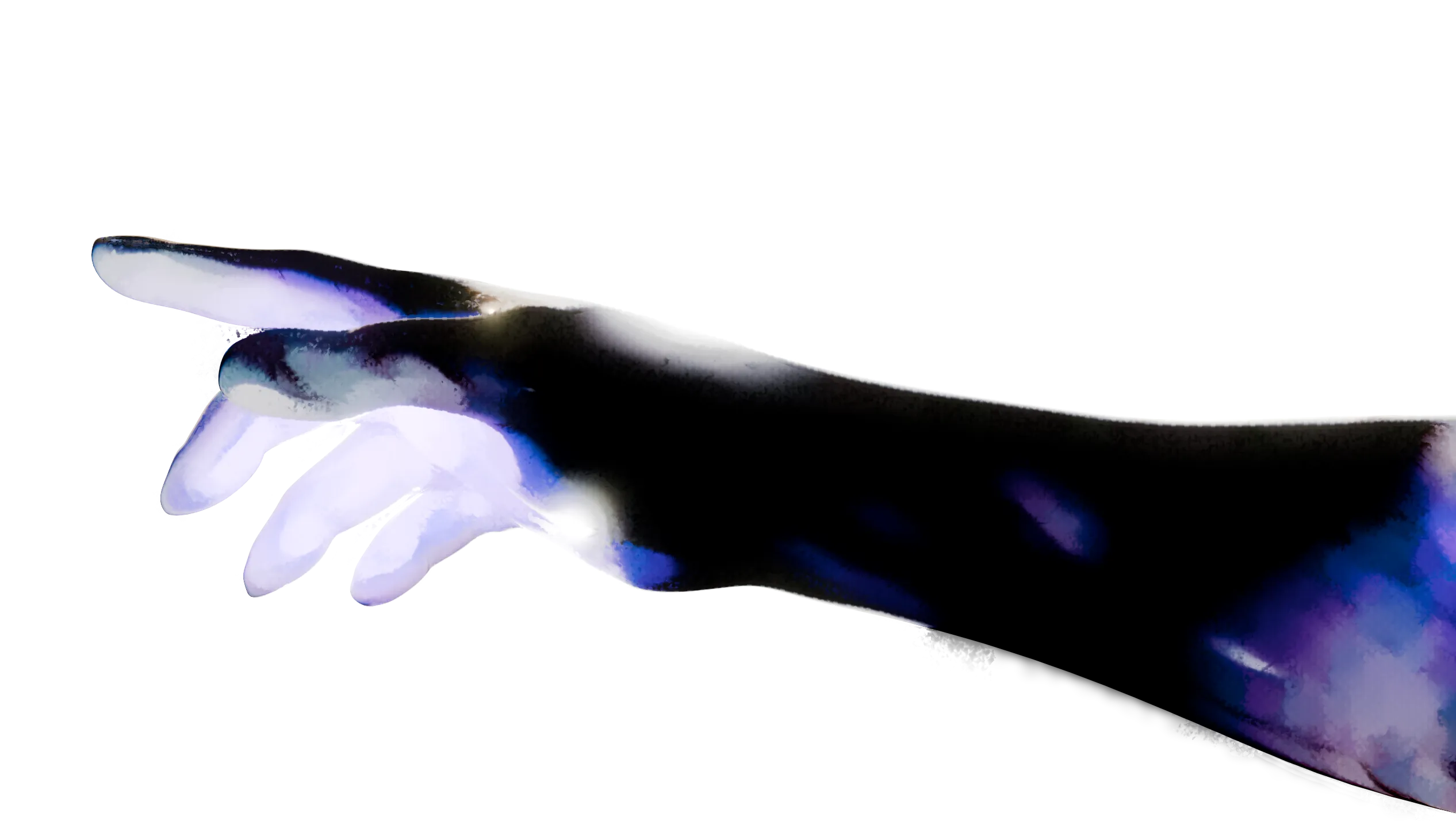 Une main noire, qui devient lumière au bout des doigts, tendue vers un cube de verre irisé.
