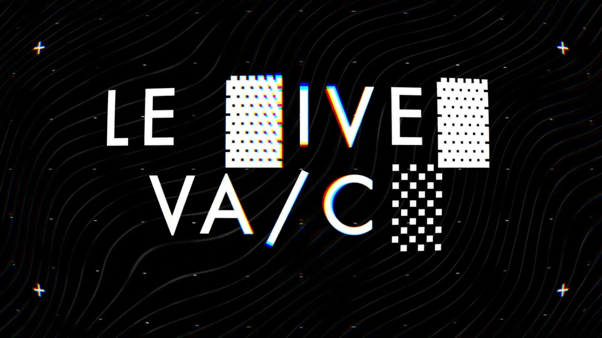 Écran d'attente de la charte 2.0 « Le live va commencer », lettres blanches et damiers sur fond noir strié