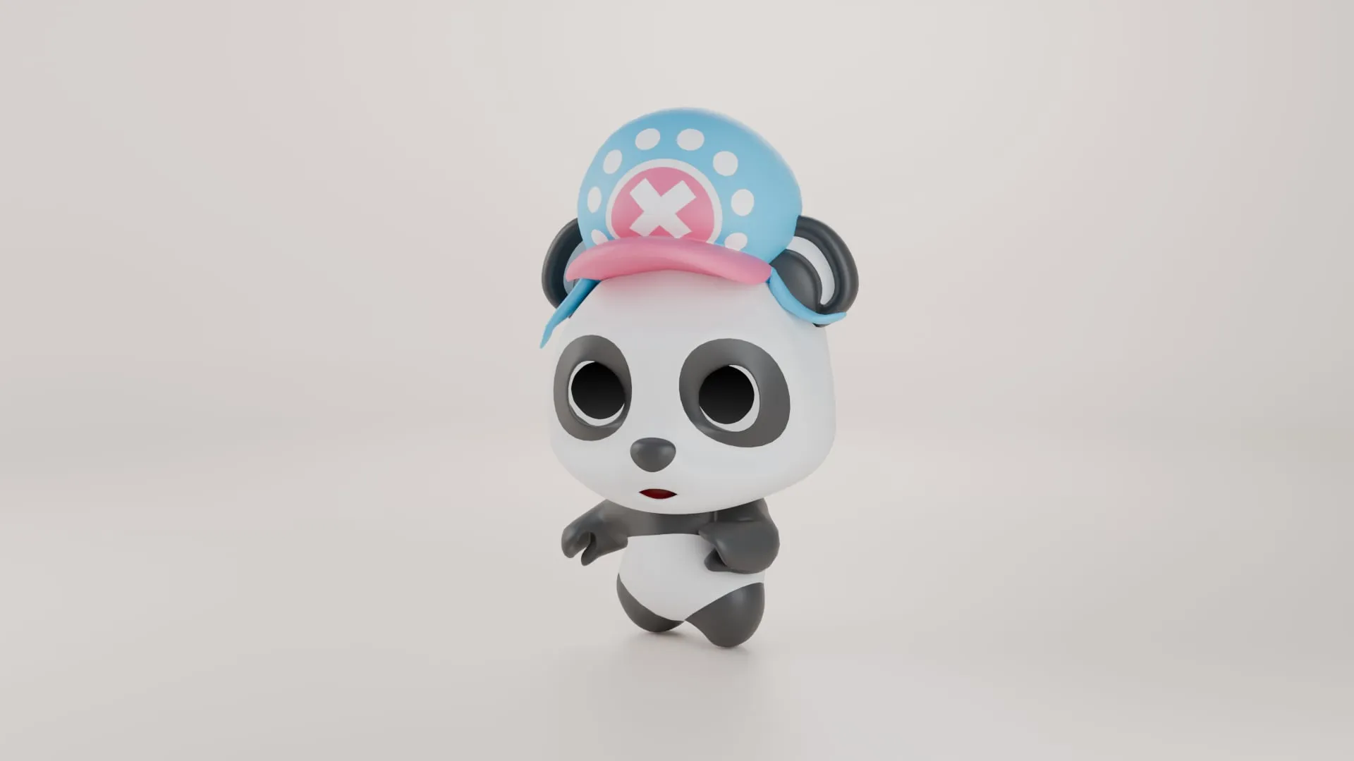 Le panda chibi coiffé du chapeau bleu et rose de Chopper, mains jointes, sur fond gris clair