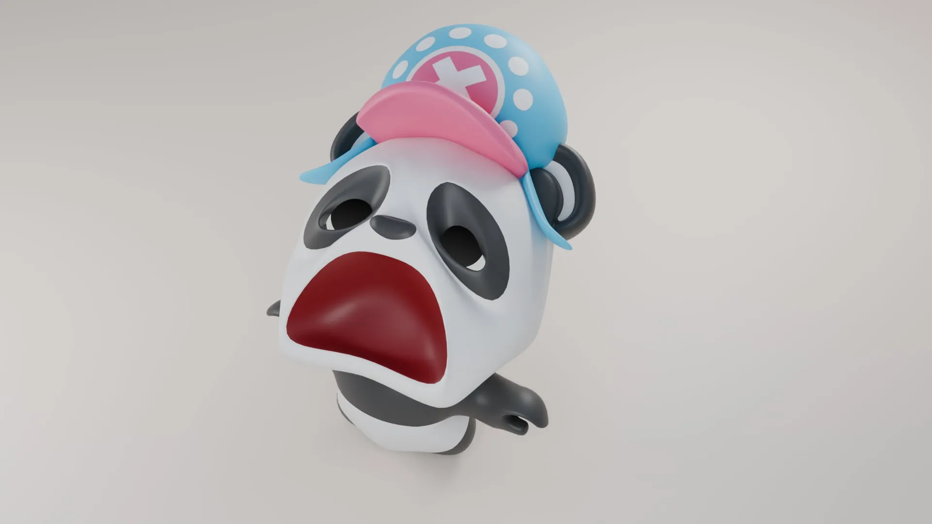 Le panda de trois quarts, bouche grande ouverte en un cri démesuré