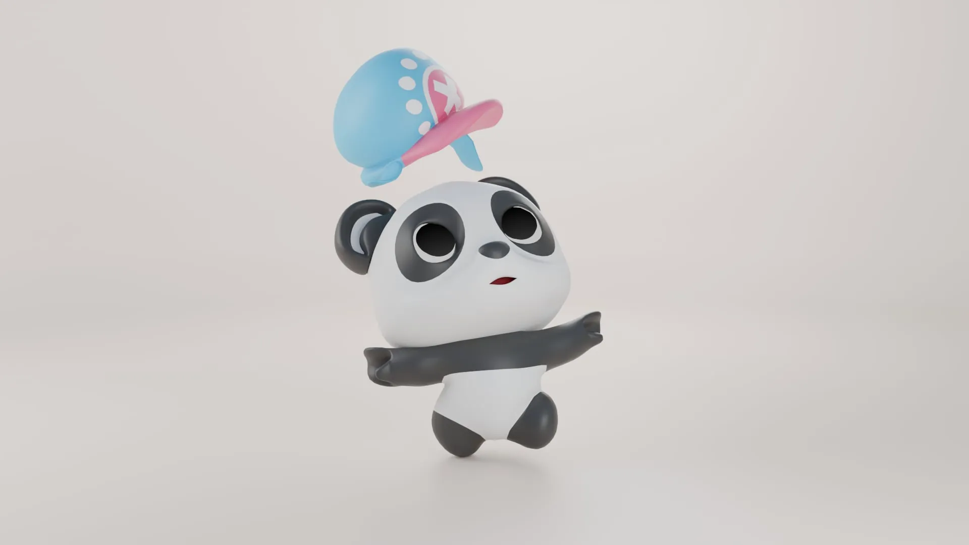 Le panda bras croisés, le chapeau qui s'envole au-dessus de sa tête