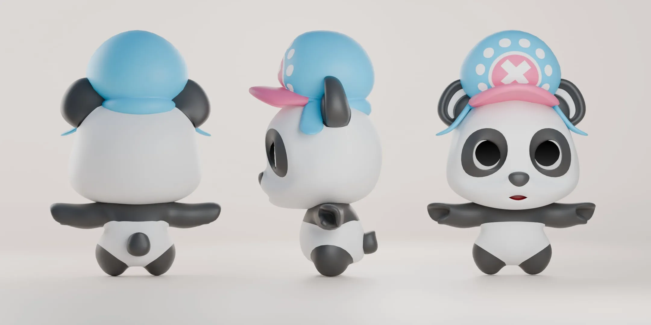 Le panda vu de dos, de profil et de face, bras en T