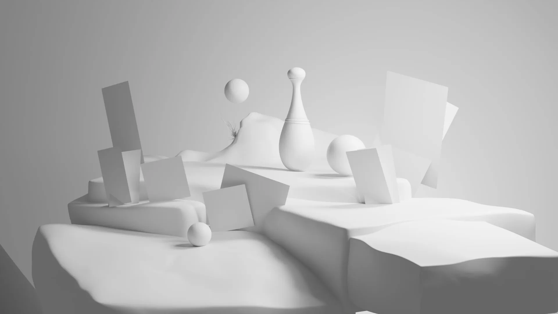 La scène vue de face en passe d'occlusion ambiante, puis en wireframe — Occlusion