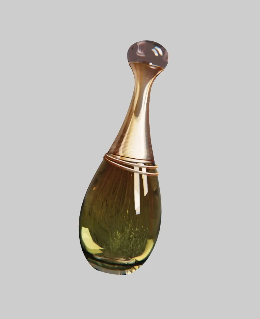 Le flacon J'adore seul, col doré et liquide ambré, sur fond gris