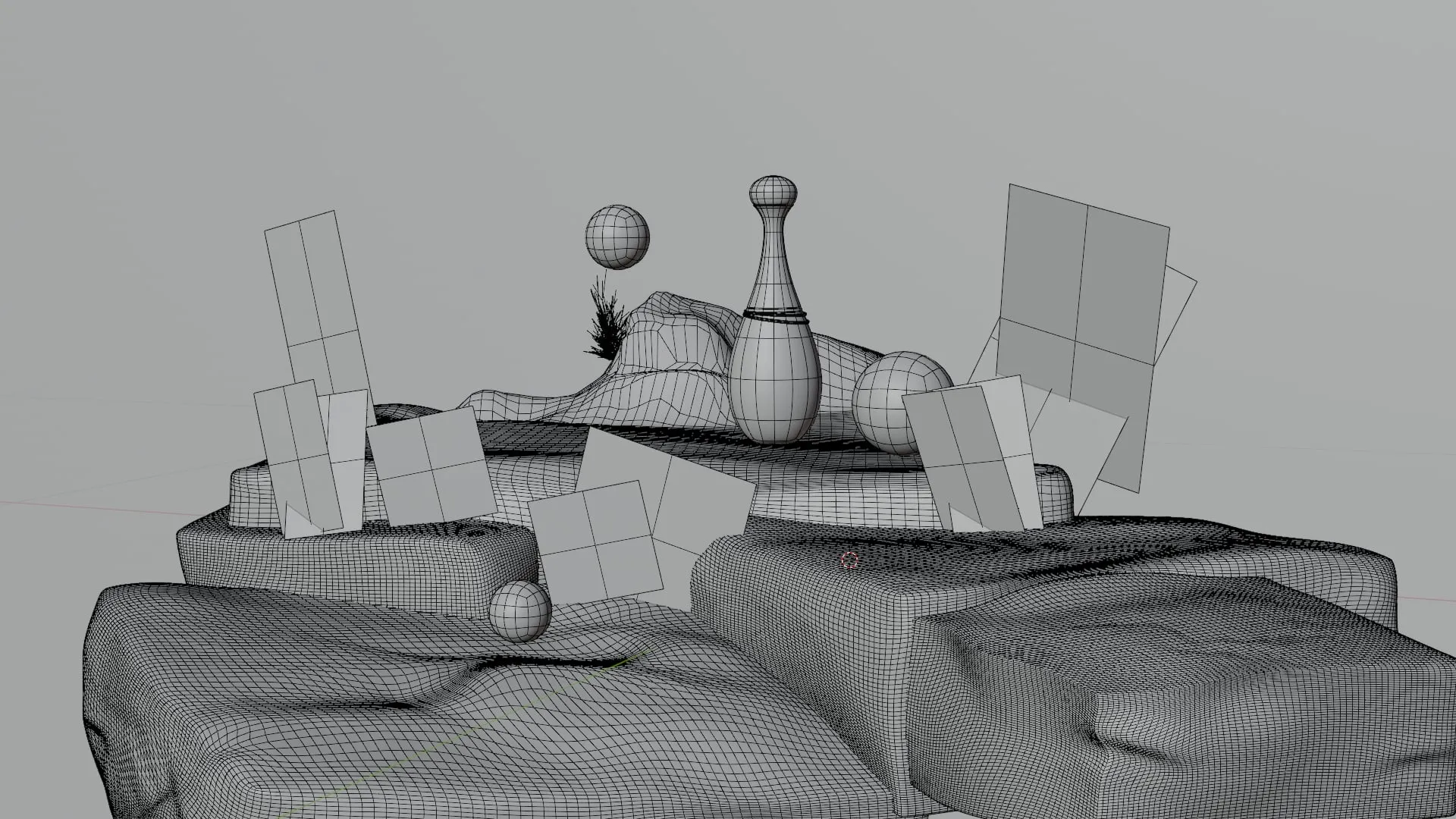 La scène vue de face en passe d'occlusion ambiante, puis en wireframe — Wireframe