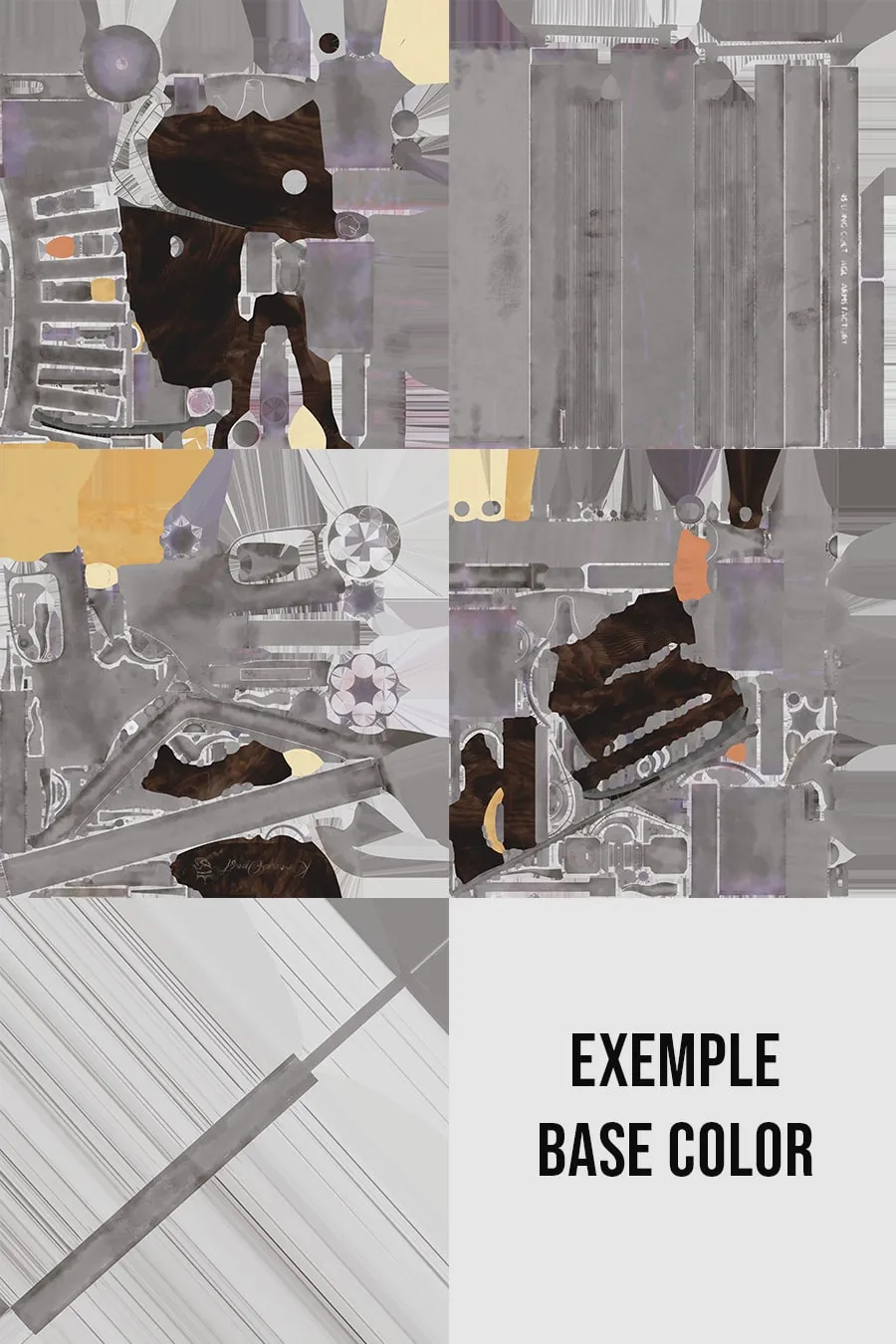 Les textures Base Color des cinq UDIM, métal usé et bois sombre de la crosse