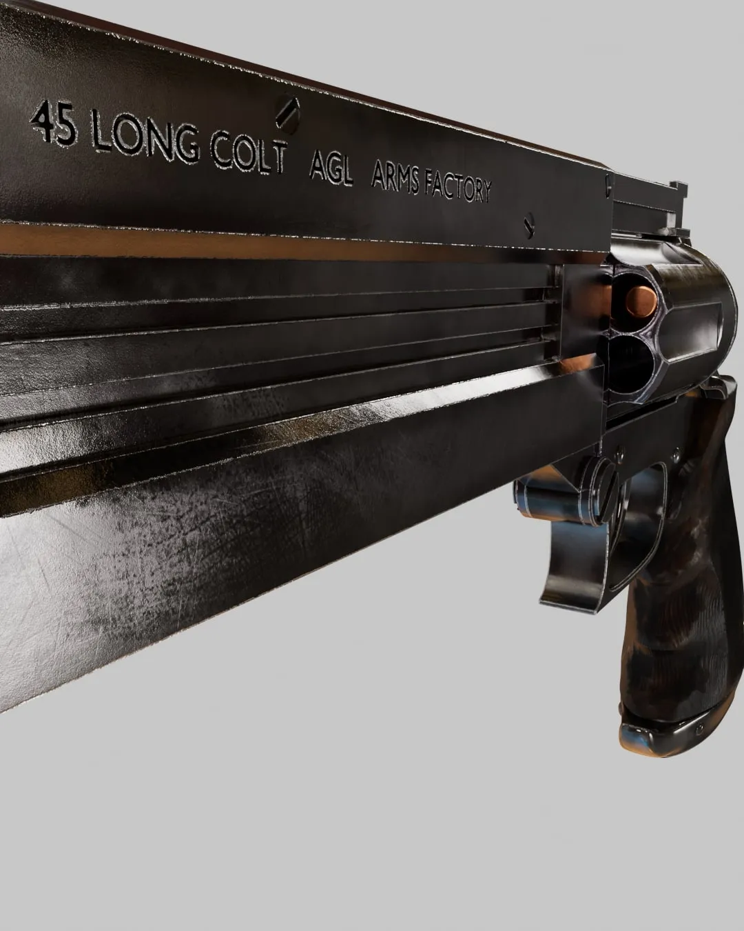 Détail du canon gravé « 45 Long Colt AGL Arms Factory »