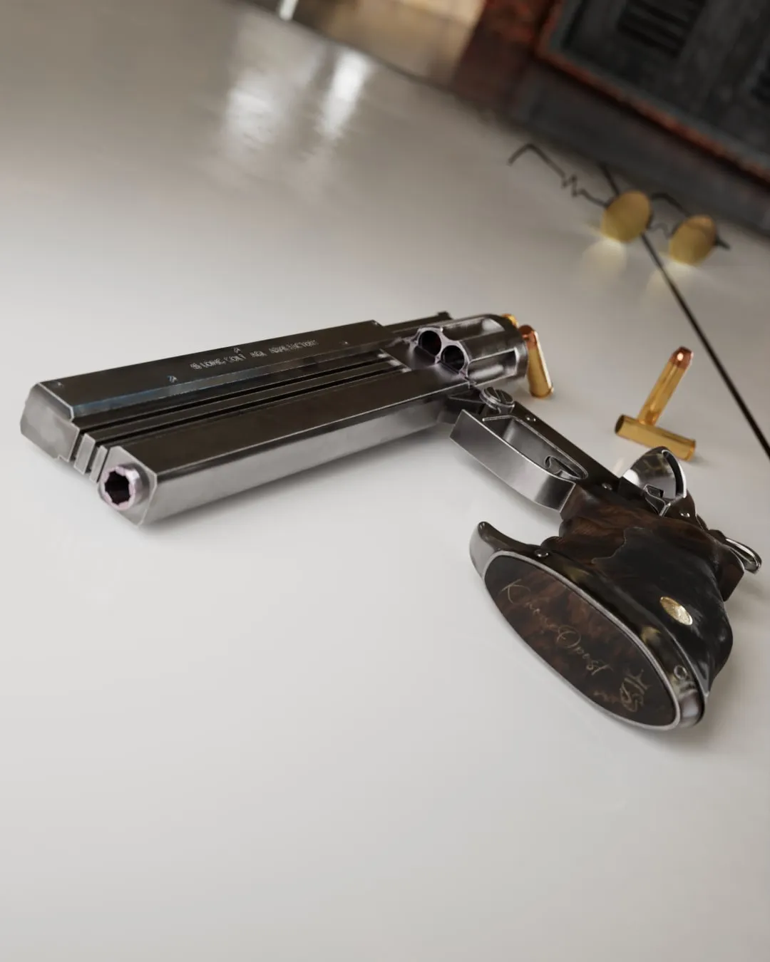 Le revolver de trois quarts sur une table, cartouches et lunettes rondes de Vash à côté