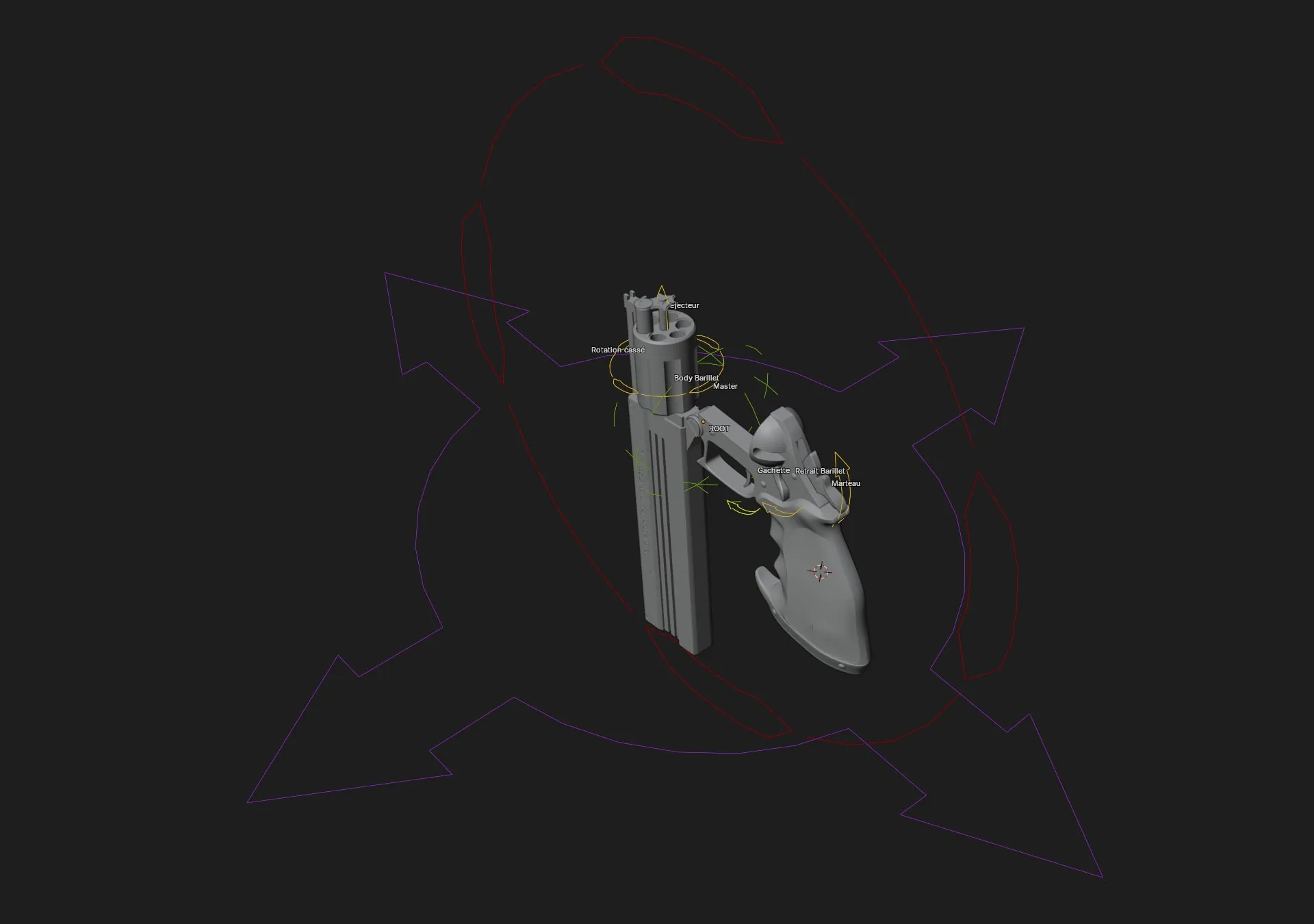 Le rig du revolver dans Blender, canon cassé vers le bas pour le rechargement