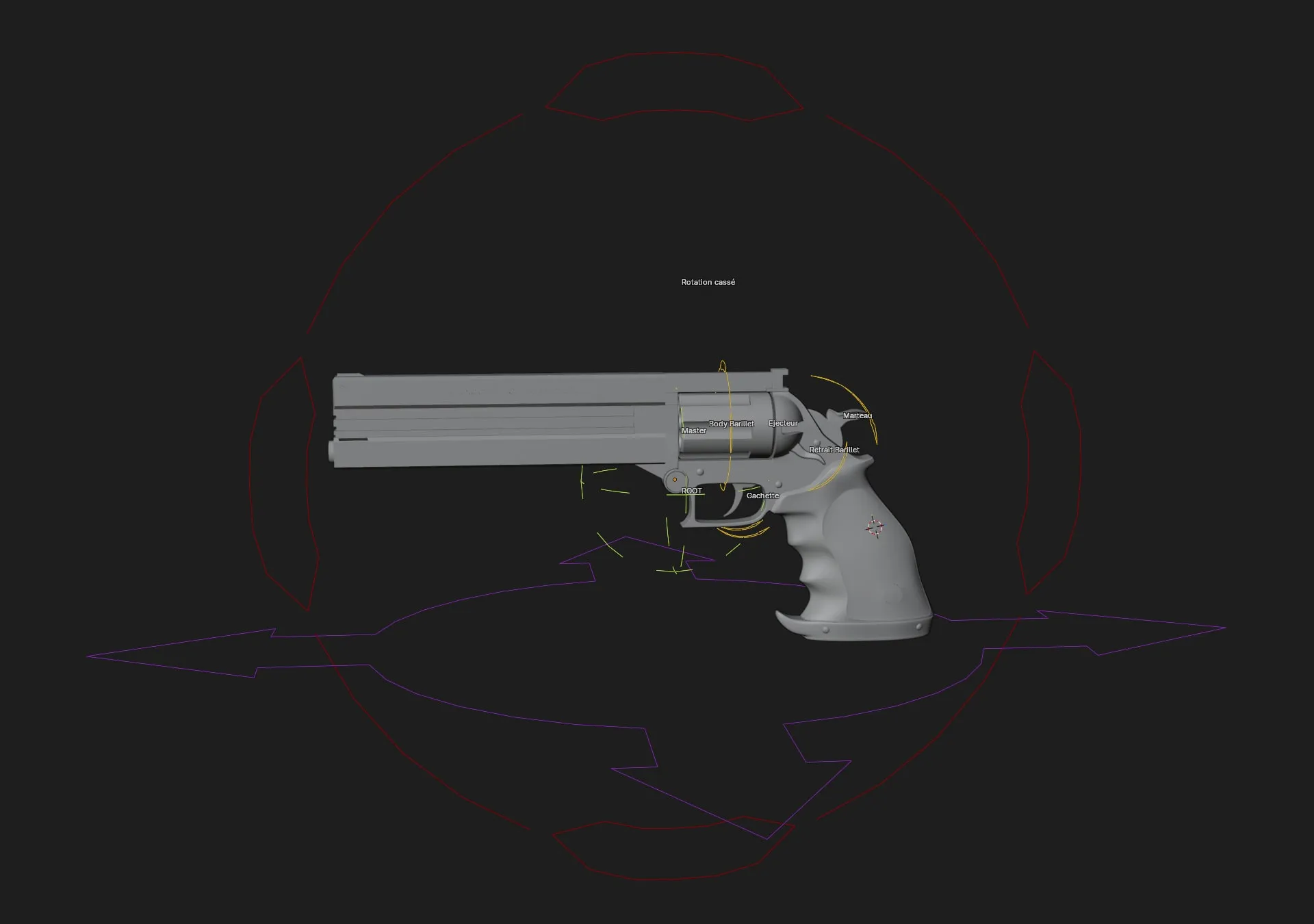 Le rig du revolver dans Blender, arme fermée, os et contrôleurs visibles