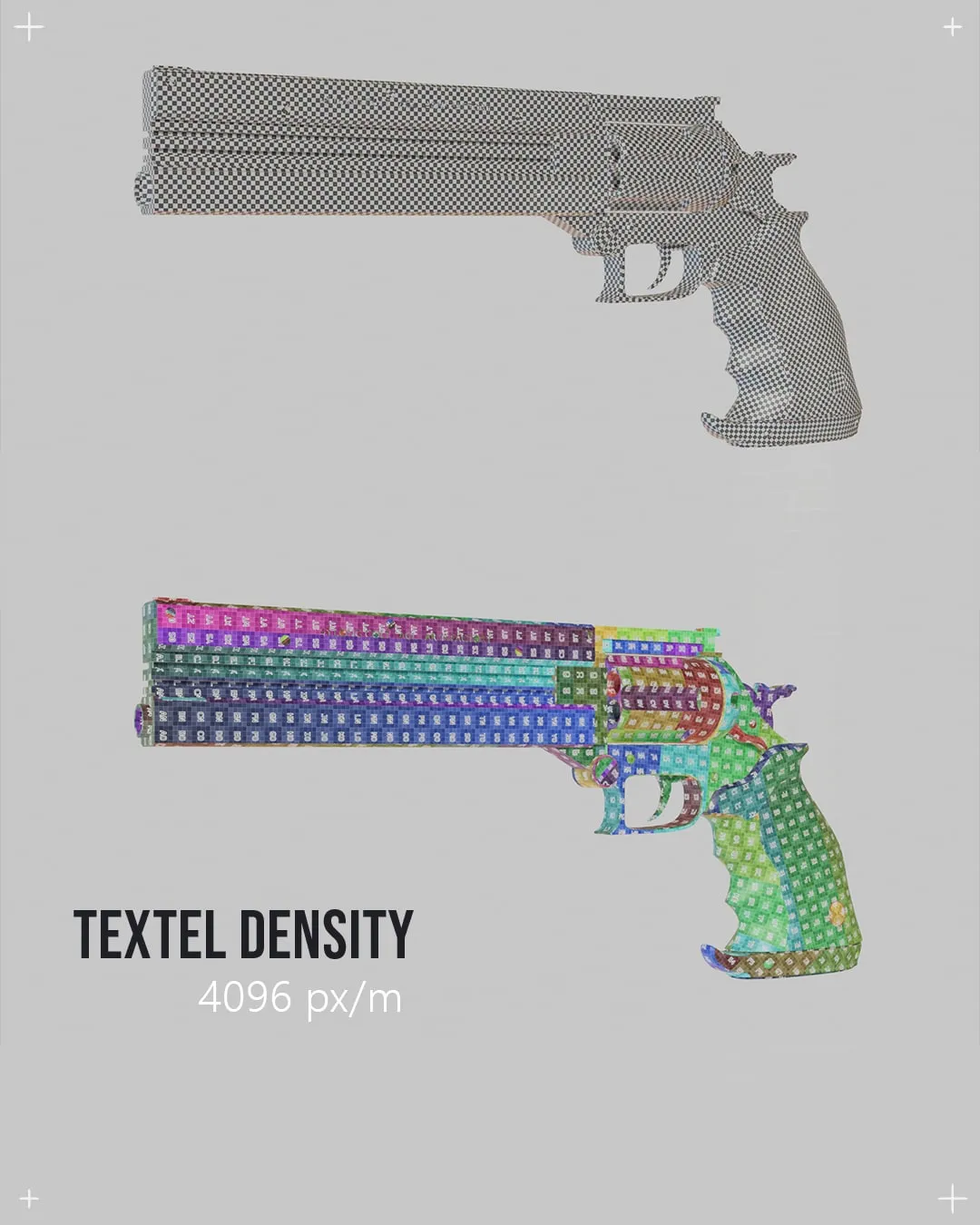 Le revolver en damier de texel density puis en carte de couleurs, 4 096 px par mètre