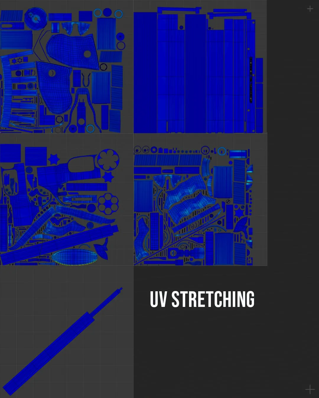 Les cinq UDIM du revolver en carte d'étirement des UV, presque entièrement bleue