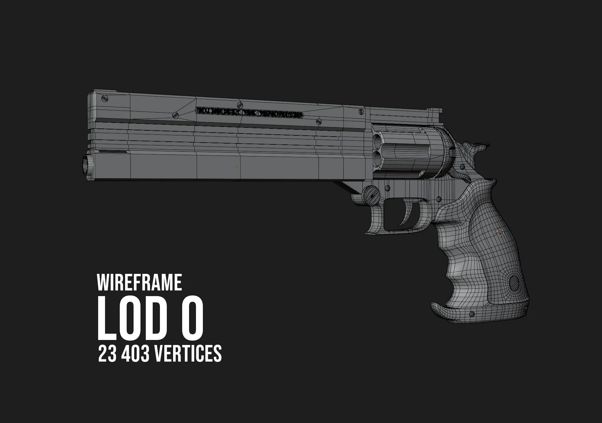 Le revolver de profil en wireframe, version LOD 0 (23 403 vertices) puis LOD Héro (69 508 vertices) — LOD 0