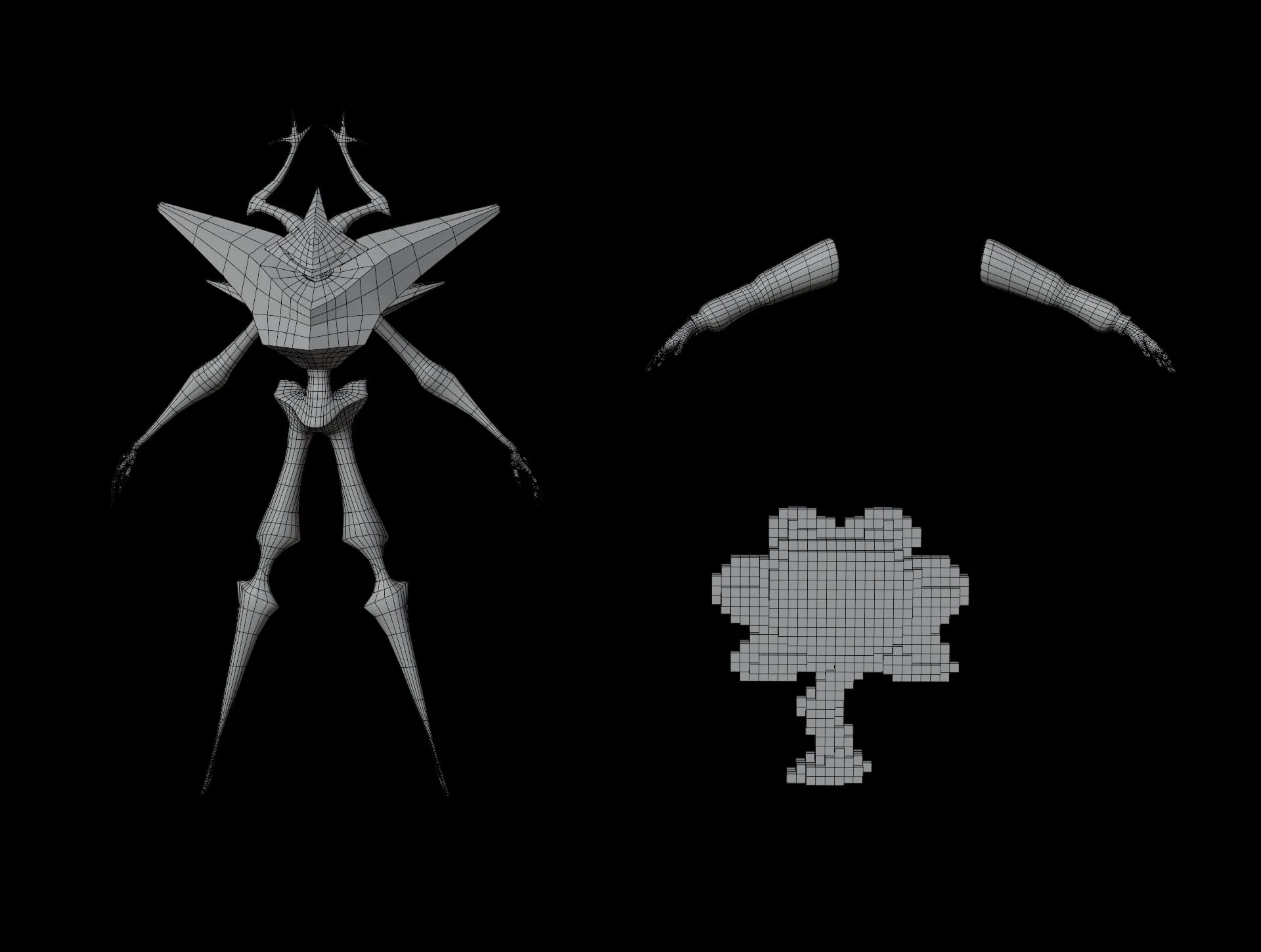 Le Roaring Knight, les bras et Flowey côte à côte, en wireframe puis en rendu final — Wireframe